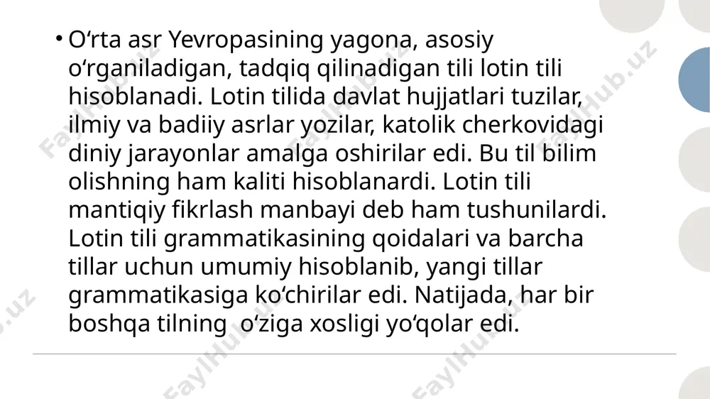 rli fikrlar o'rtaga tashlandi. jumladan, faylasuf bekon tildan boshqa aloqa vositasi mavjud desa, faylasuf lokk tovush bilan tushuncha o’rtasida tabiiy bog'lanish yo’q degan asosli fikrni ta'kidladi. faylasuf leybnits mantiqiy-matematik asosga qurilgan xalqaro til yaratish masalalarini ko'tardi. rus tilshunosligi jahon tilshunosligi taraqqiyotida rus tilshunosligi muhim o’rinlardan birini egallaydi. 1870-yilda peterburg universitetida tilshunoslik bo’yicha birinchi bo’lib, i.a boduen de kurtene, 1885-yilda xarkov universitetida i.v netushil, 1895-yilda qozon universitetida v.a. bogoroditskiylar ma’ruza o’qidilar. rossiyaning eng buyuk tilshunoslari bo’lgan m.v.lomonosov, a.a.potebnya, uvan boduen de kurtenelar tilshunoslik sohasida yevropa olimlaridan ancha ilgarilab ketdilar. buyuk qomusiy olim m.v.lomonosov (1711-1765) o’z asarlari, grammatikaga, notiqlikka va uslubshunoslikka oid tadqiqotlari bilan rus tilshunosligining mustahkam poydevorini qurib berdi. “grammatikasiz notiqlik ma'nosiz(o’tmas), she’riyat to’mtoq, falsafa asossiz, tarix yoqimsiz, huquq ishonchsizdir” m. v. lomonosov foydalanilgan adabiyotlar: 1. rasulov ravshanxo’ja “umumiy tilshunoslik” t. 2020 2. n.a baskakov, a.s.sodiqov “umumiy tilshunoslik” 3. s. usmonov “umumiy tilshunoslik” t.. 1972 4. b. yo’ldoshev “umumiy tilshunoslik asoslari” …