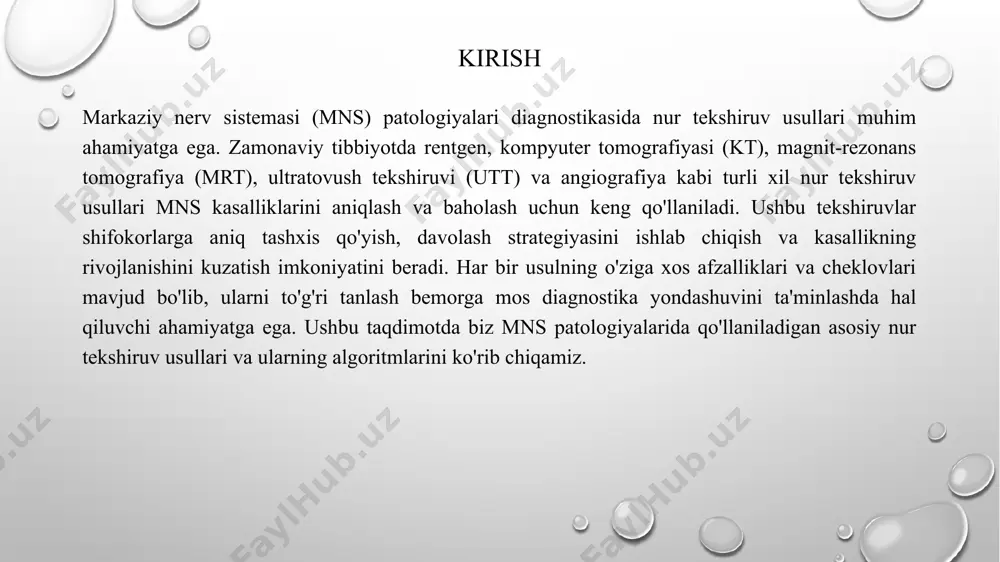 asi bilan birga kelgan o'smalarda foydali. infektsiyalarda, masalan, ensefalit va meningitda, kt yiringli yig'ilishlar va boshqa patologik o'zgarishlarni aniqlashi mumkin. kt shuningdek, gidrosefaliya va boshqa mns kasalliklarining diagnostikasida ham muhimdir. magnit-rezonans tomografiya (mrt) magnit-rezonans tomografiya (mrt) mns patologiyalarini diagnostika qilishda eng sezgir va batafsil ma'lumot beruvchi usullardan biridir. mrt magnit maydoni va radiochastota impulslari yordamida tananing tasvirlarini yaratadi. mrt ionlashtiruvchi nurlanishni ishlatmaydi, bu uning asosiy afzalliklaridan biridir. mrt yumshoq to'qimalarni, jumladan miya, orqa miya va nerv tolalari kabi tuzilmalarni juda yaxshi tasvirlaydi. mrt t1, t2, flair, (dwi) va boshqa turli xil ketma-ketliklarda olinishi mumkin, bu esa patologik jarayonlarning xarakterini yaxshiroq aniqlash imkoniyatini beradi. mrt o'smalar, skleroz, infektsiyalar, insultlar va boshqa mns patologiyalarini aniqlash va baholashda juda samarali. magnit-rezonans tomografiya (mrt) magnit-rezonans tomografiya (mrt) - ketma-ketliklar mrtda turli xil ketma-ketliklar patologik jarayonlarni har xil jihatdan baholash imkoniyatini beradi. t1- o’g’irlikdagi (t1vi) anatomik tuzilmalarni yaxshi tasvirlaydi va kontrast modda yig'ilishini baholashda foydalaniladi. …