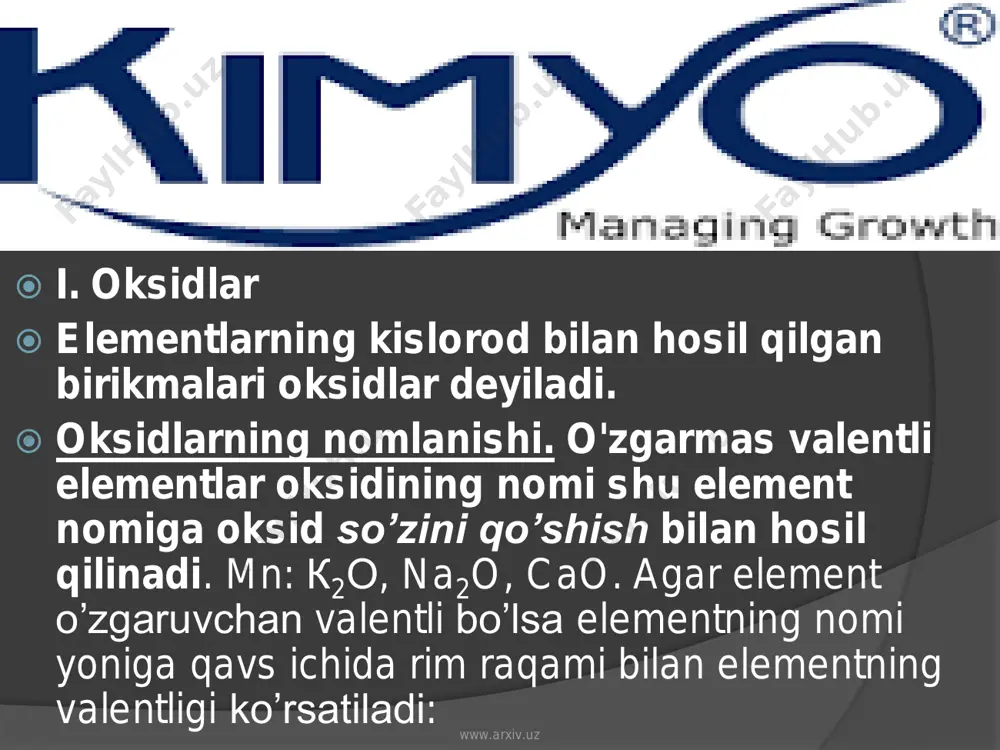 3, mno2, pbo2, fe2o3  kimyoviy xossalari:  ai2o3 + 6hci = 2aici3 + 3h2o ai2o3 + 2naoh = 2naaio2 + h2o www.arxiv.uz  4. indiferent yoki betaraf oksidlar. tuz hosil qilmaydigan oksidlarga betaraf oksidlar deyiladi. mn: no, co, n2o  kimyoviy xossalari:  1. 2.  3. 2no + ci2 → 2noci www.arxiv.uz  ii. kislotalar  kislota tarkibida vodorod atomi bo’lgan va uning o’rnini metall atomlari olishi natijasida tuz hosil qiladigan murakkab moddalar. mn:  2ai + 6hci = 2aici3 + 3h2↑ mg + h2so4 = mgso4 + h2↑  kislotalar tarkibidagi vodorod atomining soniga qarab bir necha negizli bo’ladi. mn: hci, hbr, hf, ch3cooh, hno3, hno2. hcio2 – 1 negizli  h2co3, h2c2o4, h2s, h2so3, h2so4 – 2 negizli  h3bo3, h3po4, h3aso4, - 3 negizli  kislotalar suvdagi eritmalarda negizligiga qarab bir necha bosqichda dissotsilanadi. mn:  hci ↔ h+ + ci-  h2so4 ↔ h+ …