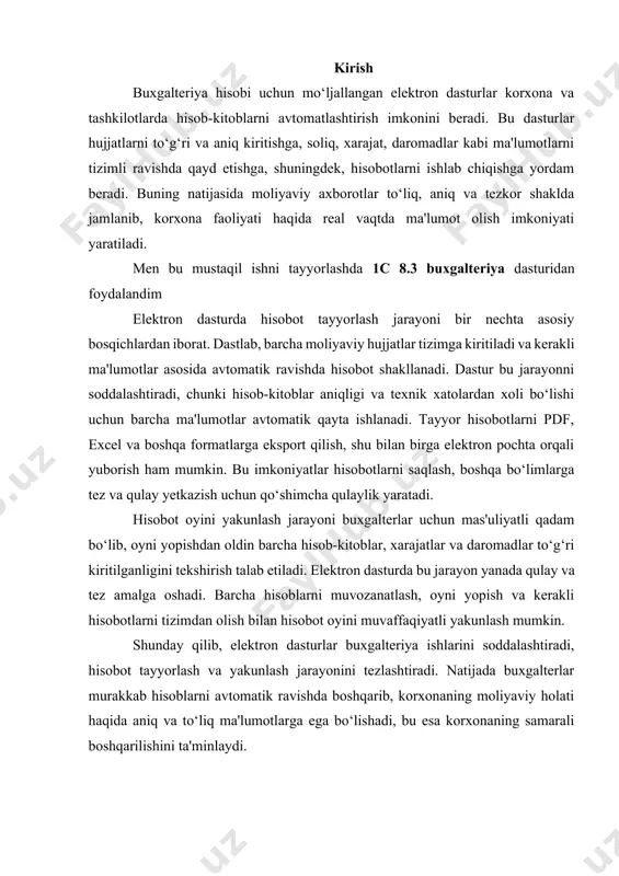 a katta yordam beradi. oy davomida kiritilgan ma’lumotlar va qilingan ishlar to’g’riligini tekshirish uchun стандартный отчеты menyusidan foydalanamiz. bu menyu quyidagi bo’limlardan iborat: · оборотно-салдо ведемость · оборотно-салдо ведемость по счету · анализ счета · карточка счета оборотно-салдо ведемость butun schyotlar bo’yicha aylanma qoldiqni ko’rishimiz mumkin: keyingi bo’limlarda esa har bir schyotning alohida tahlilini ko’rish mumkin bo’ladi, buning uchun kerakli davr va schyot tanlanib, сформировать tugmasi bosiladi: shuningdek provodkalar bo’yicha turli xil shakldagi qaydnomalarni ko’rish mumkin: 2. hisobot tayyorlash va hisobot oyini yopish yuroqidagi qaydnomalar, shuningdek boshqa birlamchi hujjatlar hamda bosh kitob dastur tomonidan kiritilgan ma’lumotlar asosida avtomatik shakllantiriladi. bu hujjatlar bizga turli moliyaviy va soliq hisobotlarni tayyorlashda yordam beradi. buning uchun biz регламентированная отчета foydalanamiz. bu menyu quyidagi bo’limlardan iborat: 1. бухгалтерская отчетность (moliyaviy hisobotlar): 1.1. бухгалтерский баланс (форма №1) 1.2. отчет о прибылях и убытках (форма №2) 1.3. справка о дебиторско-кредиторской задолженности (форма № 2а) 1.4. отчет о …