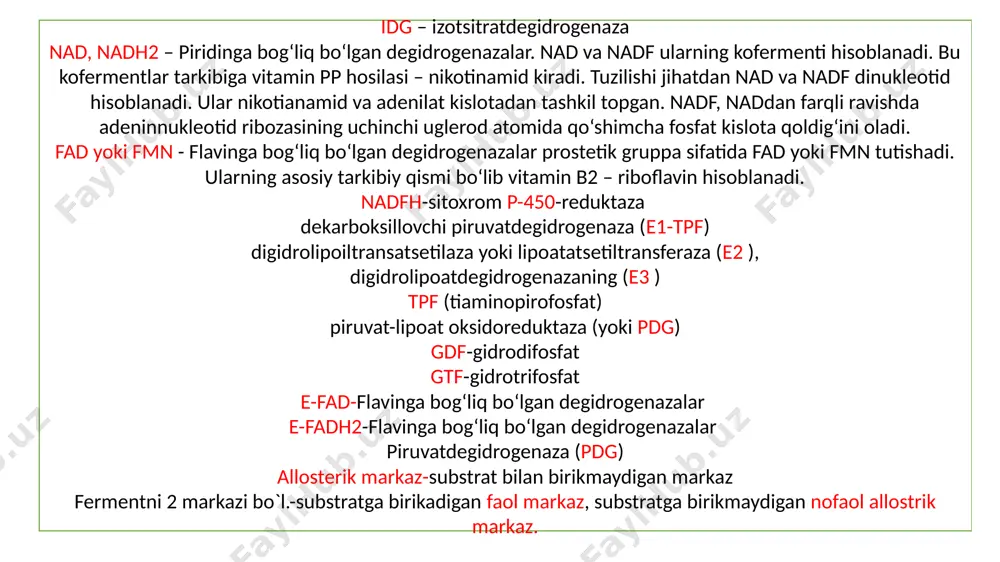 lar almashinuvi natijasida odam tanasining har bir kg og‘irligiga 10 ga yaqin atsetat hosil bo‘ladi. agarda tana og‘irligi 70 kg ga teng bo‘lsa, unda 700 atsetat hosil bo‘ladi. bu miqdordagi atsetil-koa ning co2 va h2o gacha parchalanishi natijasida hosil bo‘lgan energiya organizm uchun asosiy energiya manbai hisoblanadi. aktivlangan atsetatning koenzim a shakli oksidlanishi krebs siklida boradi. bu sikl 1937-yilda krebs tomonidan taklif qilingan. gans adolf krebs (1904 yilda tug‘ilgan) o. varburgning shogirdi bo‘lib, u siydikchil hosil bo‘lish nazariyasini va limon kislotasi siklini kashf qilganligi uchun 1954-yil fiziologiya va meditsina sohasida nobel mukofotiga sazovor bo‘ldi. limon kislotasi sikli yopiq metabolitik yo‘l bo‘lib, 8 ta alohida reaksiyalardan iborat. oksaloatsetat bu reaksiyada boshlang‘ich hamda oxirgi mahsulot bo‘lib hisoblanadi (55-rasm): i reaksiya: atsetil-koaning oksaloatsetat bilan кondensatsiya reaksiyasi natijasida limon kislotasining hosil bo‘lishi. sitratsintetaza allosterik fermentdir. uning manfiy effektorlari atf va nad.h hisoblanadi. ii reaksiya. sitratning sis-akonitat orqali izotsitratga aylanishi. bu reaksiyani (aqonitaza) aqonitgidrataza fermenti …