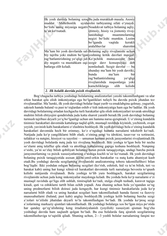 yralarining (neyronlarning) to’zilishi murakkablashadi, ya’ni neyronlarning shoxsimon o‘simtalari tobora orta boradi. bosh miya po‘stidagi nerv hujayralarining takomillashuvi turli assotsiatsiyalarning (muvaqqat aloqalarning, shartli reflekslarning) yuzaga kelishini osonlashtiradi va tezlashtiradi.ilk yosh davridagi bola nerv sistemasining rivojlanishida ham nerv tolalarining miyelinizatsiyalanishi davom etadi. bu davrda asosan bosh miya yarimsharlaridagi nerv hujayralarini bir-biri bilan bog‘lovchi nerv tolalari miyelin pardasi bilan qoplanib, bir-biridan ajratiladi. bola psixikasining rivojlanishida buning ahamiyati g‘oyat kattadir. chunki shu munosabat bilan, ya’ni miyelinizatsiya orqali nerv tolalarining bir-biridan ajratilishi bilan turli taasurotlar (qo‘zg‘alishlar) nerv sistemasida tezroq tarqaladi va ravshanroq aks ettiriladi. nerv hujayralarini bir-biri bilan bog‘laydigan juda ham nozik nerv tolalarining miyelin pardasi bilan qoplanib, bir-biridan ajratilishi butun nerv sistemasining tobora uyg‘un va puxta ishlashiga yordam beradi. bu miya po‘sti nerv sistemasidagi barcha quyi boblar faoliyatini asta-sekin o‘ziga bo‘ysundira boradi. shu tariqa bolaning butun hayotida oliy nerv faoliyatining roli orta boradi. ilk yoshdagi bolalarda shartli reflekslar tez va osonlik bilan yuzaga keladi, …