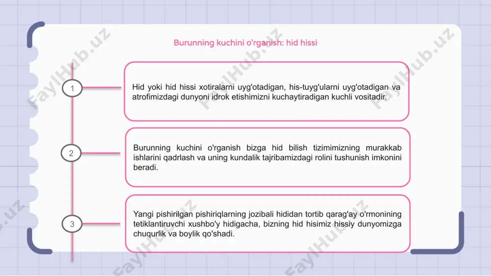 shi mumkin. 1 2 3 haqiqatni hidlash: hid hissi ochildi ko'pincha ko'rish va eshitish tomonidan qoplanadigan hid hissi bizning kundalik hayotimizda hal qiluvchi rol o'ynaydi. xotiralarni qo'zg'atishdan tortib, xavfni aniqlashgacha, bu kuchli hisdir. turli xil hidlarni aniqlash qobiliyati atrof-muhitimizni kezish, mumkin bo'lgan zararlardan qochish va boshqalar bilan bog'lanish imkonini beradi. bizning burunlarimiz o'zlarining qobiliyatlari bilan haqiqatan ham ajoyibdir. xushbo'ylik dunyosiga chuqurroq kirib boring va bizning hid hisimiz ortidagi sirlarni oching. ko'pincha e'tibordan chetda qolgan tuyg'u bizning hislarimizga va tajribalarimizga qanday ta'sir qilishini bilib oling. xushbo'y hidli hissiy idrok: hid hissi paydo bo'ldi hid hissi, shuningdek, hidlash deb ham ataladi, bu bizga atrofimizdagi turli xil hid va xushbo'y hidlarni aniqlash imkonini beruvchi kuchli hissiy idrokdir. bizning hid bilishimiz xotiralarimiz va his-tuyg'ularimiz bilan chambarchas bog'liq, chunki ba'zi hidlar yorqin xotiralarni keltirib chiqarishi va kuchli his-tuyg'ularni uyg'otishi mumkin. burunimizdagi murakkab hid sezuvchi retseptorlar tarmog‘i orqali biz yoqimli hiddan tortib to o‘tkirgacha bo‘lgan turli …