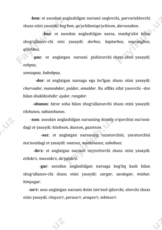 adi: 1) sifatlovchi+sifatlanmish: oqsaqol, beshbarmoq, yangi yo‘l, qizilishton, itbaliq. 2) qaratuvch+qaralmish: bilaguzuk, bedapoya, belbog‘, so‘z boshi, karvonboshi. 3) to‘ldiruvchi+to‘ldirilmish: muzyorar, otboqar, dunyoqarash, o‘rinbosar. 4) ega+kesim: roykeldi, go‘shtkuydi, kampiro‘ldi. 5) hol+hollanmish: iskabtopar, olibsotar, ishlab chiqarish. o‘zbek tilida tojikcha izofali birikmalar asosida yuzaga kelgan gulbeor, gultojixo‘roz, guliqahqah singari qo‘shma otlar ham mavjud bo‘lib, ular doim qo‘shib yoziladi. shuningdek, tilimizga rus tili orqali kirib kelgan aeroport, antisiklon, aerovakzal singari tarkibiy qismli so‘z-lar ham borki, ularning qismlari o‘zbek tilida mustaqil ishlatilmasligi sababli qo‘shma ot hisoblanmaydi. 3-§.semantik usul. tilda mavjud bo‘lgan ko‘pgina so‘z va so‘z shakllari otlashgan shaklda ishlatilishi natijasida ba’zan otga ko‘chadi. ular tarkiban tub yoki yasama bo‘lib, quyidagi so‘z turkumlaridan iborat bo‘lishi mumkin :1) usta, oqsaqol, boy, qahramon, boboy, momoy, xotin kabi aslida sifat turkumiga mansub so‘zlar; 2) o‘quvchi, yozuvchi, to‘quvchi, saylovchi, aniqlovchi, aniqlanmish kabi aslida fe’lning sifatdosh shakllariga mansub so‘zlar; 3) o‘qish, otish, kirish, chiqish, qurish, saylov, tergov kabi aslida fe’lning harakat …