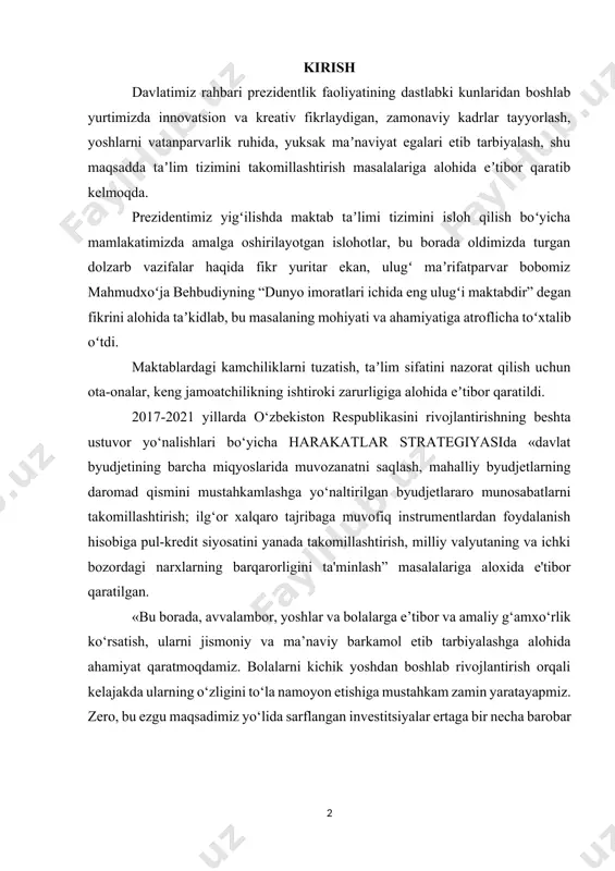 mbor, yoshlar va bolalarga e’tibor va amaliy g‘amxo‘rlik ko‘rsatish, ularni jismoniy va ma’naviy barkamol etib tarbiyalashga alohida ahamiyat qaratmoqdamiz. bolalarni kichik yoshdan boshlab rivojlantirish orqali kelajakda ularning o‘zligini to‘la namoyon etishiga mustahkam zamin yaratayapmiz. zero, bu ezgu maqsadimiz yo‘lida sarflangan investitsiyalar ertaga bir necha barobar ortig‘i bilan qaytishiga shubha yo‘q», - deb ta’kidlagan edilar muhtaram prezidentimiz shavkat mirziyoyev.[footnoteref:1] [1: https://kun.uz/uz/o‘zbekiston prezidenti maktabgacha ta’lim sohasida xalqaro hamkorlikni kengaytirish bo‘yicha muhim tashabbuslarni ilgari surdi.] “moddiy va maʼnaviy hayotni uygʻun rivojlantirishimiz kerak. maktab bu borada asosiy boʻgʻin boʻlishi lozim. maktab taʼlimini rivojlantirish biz uchun buyuk umummilliy maqsadga, umumxalq harakatiga aylanishi zarur”, deb uqtirib oʻtdi davlatimiz rahbari.[footnoteref:2] [2: https://xs.uz/uz/maktab taʼlimini rivojlantirish umumxalq harakatiga aylanishi zarur] o‘zbekiston respublikasi prezidentining “maktabgacha ta’lim tizimini boshqarishni takomillashtirish chora-tadbirlari to‘g‘risida” 2018-yil 30-sentabrdagi pq-3955-son qaroriga muvofiq, shuningdek, maktabgacha ta’lim tizimini yanada takomillashtirish, sog‘lom, faol, to‘laqonli, jamiyatga moslashgan bola shaxsini shakllantirish, o‘sishida turli nuqsonlari bo‘lgan bolalarni, shuningdek reabilitatsiya qilish va sog‘lomlashtirishga …