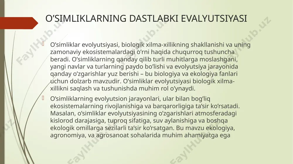 datda, bu guruhga o'simliklarning yillik va ko'p yillik turlari kiradi. 3. sukkulentlar: • bu o'simliklar suvni saqlash uchun moslashgan, ularning yaproqlari yoki tanalari suv to'playdi. 4. gidrofitlar: • suvda yoki botqoqlikda yashaydigan o'simliklar. ular suv muhitiga moslashgan va suyuqlikni eman qilish jarayonida suvni saqlash qobiliyatiga ega. 5. kserofitlar: • qurg'oqchil sharoitlarda yashaydigan o'simliklar. ular qurg'oqchilikka chidamli va suvni tejash uchun moslashgan. taqqoslash va xulosa • k. raunkier klassifikatsiyasi ekologik sharoitlarni va hayotiy joylarni inobatga oladi, o'simliklarning yashash joylariga asoslanadi. • i.g. sebryakov esa o'simliklarning morfologik xususiyatlari va o'sishini inobatga oladi, hayotiy shakllarini anatomik va morfologik jihatdan o'rganadi. har ikki klassifikatsiya o'simliklarning hayotiy shakllarini yaxshiroq tushunishga yordam beradi va ularning ekologik moslashuvchanligini o'rganish uchun muhim ahamiyatga ega. agar sizga qo'shimcha ma'lumot kerak bo'lsa yoki boshqa savollar mavjud bo'lsa, iltimos, so'rang! hayotiy shakllar o'simliklar biologiyasida o'simliklarning ekologik sharoitlarga moslashuvi va ularning morfologik xususiyatlariga asoslangan tasnifi hisoblanadi. k. raunkier va i.g. sebryakov bu …