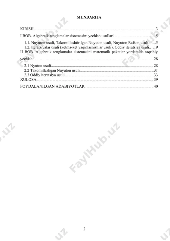 ilamiz. yangi axborot – kommunikatsion texnologiyalari hozirgi vaqtda eng dolzarb mavzulardan biri bo’lib kelmoqda, sababi har bir sohani o’rganish, izlanish va tajriba orttirish uchun turli usullardan foydalanish kerak bo’ladi. shuning uchun yangi axborot – kommunikatsion texnologiyalardan foydalanish maqsadga muvoffiqdir. hozirgi zamon mutaxasislari, faoliyat doiralari qanday bo’lishidan qat’iy nazar informatika bo’yicha keng ko’lamdagi bilimlarga, zamonaviy hisoblash texnikasi, informatsion aloqa va kommunikatsiya tizimlari, orgtexnika vositalari va ulardan foydalanish borasida yetarli malakalarga ega bo’lishi, hamda yangi information texnika va texnologiya asoslarini uning ertangi kuni, rivoji to’g’risidagi bilimlarni o’zida mujassamlashtirgan bo’lishi kerak. zamonviy hisoblash texnikasi va information texnologiyalarning kun sayin rivojlanib, jamiyatning esa tobora informatsiyalashib borishi sababli, uzluksiz ta’lim tizimining o’rta va yuqori bosqichlariga informatika, ishlab chiqarish va boshqarish jarayonlarini kompyuerlashtirish bo’yicha bir qator o’quv fanlari kiritilgan. kurs ishining dolzarbligi. kompyuterning qo’llanilish sohalaridan biri matematik, mexanik va fizik jarayonlarni va ob’ektlarning matematik modellarini hisoblash usullari va kompyuterlarning dasturiy vositalari yordamida tadqiq etish bo`lib qolmoqda. …