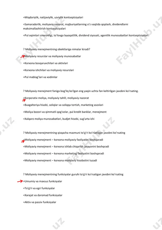 ya, moliyaviy tahlil, moliyaviy nazorat =buxgalteriya hisobi, soliqlar va soliqqa tortish, marketing asoslari =moliya bozori va qimmatli qog'ozlar, pul kredit banklar, menejment =xalqaro moliya munosabatlari, budjet hisobi, sug'urta ishi ? moliyaviy menejmentning qisqacha mazmuni to’g’ri ko’rsatilgan javobni ko’rsating =moliyaviy menejment – korxona moliyaviy faoliyatini boshqaradi =moliyaviy menejment – korxona ishlab chiqarish jarayonini boshqradi =moliyaviy menejment – korxona marketing faoliyatini boshqaradi =moliyaviy menejment – korxona moliyaviy hisobotini tuzadi ? moliyaviy menejmentning funksiyalar guruhi to'g'ri ko'rsatigan javobni ko'rsating =umumiy va maxsus funksiyalar =to'g'ri va egri funksiyalar =xarajat va daromad funksiyalar =aktiv va passiv funksiyalar shacsim_systems© стрелка shacsim_systems© стрелка shacsim_systems© стрелка shacsim_systems© стрелка ? moliyaviy menejmentda tashkil etish, tahlil, rejalashtirish, motivatsiya va nazorat qanday funksiyalar hisoblanadi? =boshqaruv sub’ektining funksiyalari =boshqaruv ob’ektining funksiyalari =moliyaviy ta’minot funksiyalari =moliyaviy nazorat funksiyalari ? moliyaviy menejmentning maxsus funksiyalari keltirilgan javobni belgilang? =aktivlarni boshqarish, kapitalni boshqarish, investitsiyalarni boshqarish, pul oqimlarini boshqarish, moliyaviy risklarni boshqarish =tashkil etish, tahlil, rejalashtirish, motivatsiya …