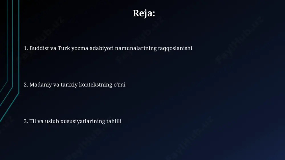ngib ketishi 5-8 asrlarga to'g'ri keladi. din va madaniyat almashinuvi misollari buddist manbalardagi sanskrit atamalarining turkiy tillarga o'tishi jarayoni, taxminan 3 bosqichda sodir bo'lganini va fonetik o'zgarishlarni tahlil qilish orqali 150 dan ortiq so'zning kelib chiqishini aniqlash mumkin. 11-13 asrlarga oid turkiy va buddist matnlarini taqqoslash natijasida, ikkala madaniyatda ham qo'llaniladigan 20 ga yaqin umumiy motif va ramz aniqlangan. x asrda yozilgan ba'zi turkiy yozma manbalarda buddist falsafasi ta'siriga oid 5 dan ortiq terminologik qarz olinishi kuzatilgan, bu madaniy almashinuvning chuqurligini ko'rsatadi. ikkala adabiyot namunalarida mavzu va motivlarning o'xshashligi va farqlari ikkala adabiyotda ham tabiat tasvirlari uchraydi, ammo buddist adabiyotida 3 ga yaqinroq bo'lgan olamning uyg'unligi, turkiy adabiyotda esa 2 ga yaqinroq ko'chmanchi hayot tarzining realistik manzaralari ustun keladi. buddist adabiyotida allegorik uslubning foiz nisbati turkiy adabiyotdagiga nisbatan yuqori bo'lib, obrazlar va ramzlar orqali ma'naviy haqiqatlar ifodalanadi, turkiy dostonlarda esa voqealar to'g'ridan-to'g'ri bayon etiladi. buddist matnlarda karma va reinkarnatsiya kabi …