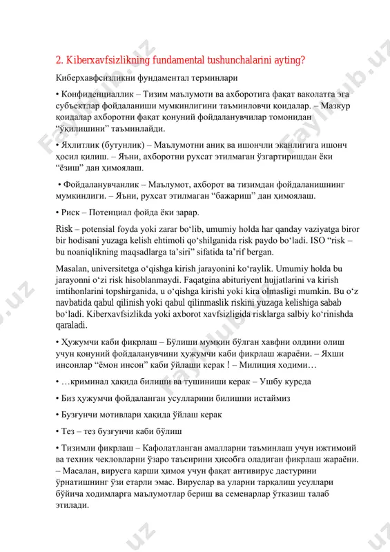 аълумотни аниқ ва ишончли эканлигига ишонч ҳосил қилиш. – яъни, ахборотни рухсат этилмаган ўзгартиришдан ёки “ёзиш” дан ҳимоялаш. • фойдаланувчанлик – маълумот, ахборот ва тизимдан фойдаланишнинг мумкинлиги. – яъни, рухсат этилмаган “бажариш” дан ҳимоялаш. • риск – потенциал фойда ёки зарар. risk – potensial foyda yoki zarar bo‘lib, umumiy holda har qanday vaziyatga biror bir hodisani yuzaga kelish ehtimoli qo‘shilganida risk paydo bo‘ladi. iso “risk – bu noaniqlikning maqsadlarga ta’siri” sifatida ta’rif bergan. masalan, universitetga o‘qishga kirish jarayonini ko‘raylik. umumiy holda bu jarayonni o‘zi risk hisoblanmaydi. faqatgina abituriyent hujjatlarini va kirish imtihonlarini topshirganida, u o‘qishga kirishi yoki kira olmasligi mumkin. bu o‘z navbatida qabul qilinish yoki qabul qilinmaslik riskini yuzaga kelishiga sabab bo‘ladi. kiberxavfsizlikda yoki axborot xavfsizligida risklarga salbiy ko‘rinishda qaraladi. • ҳужумчи каби фикрлаш – бўлиши мумкин бўлган хавфни олдини олиш учун қонуний фойдаланувчини ҳужумчи каби фикрлаш жараёни. – яхши инсонлар “ёмон инсон” каби ўйлаши керак ! – милиция …