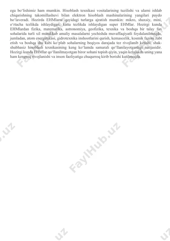 ashinalari paydo bo‘la boshladi. shuning uchun ham bunday mashinalar elektromexanik hisoblash mashinalari deyiladi. elektromexanik hisoblash mashinalarining deyarli hammasida sonlar mashinaga maxsus tugma yordamida kiritiladi. bunday mashinalardan rossiyada odner arifmometri kabi ishlaydigan o‘nta tugmali "vk-1" mashinasi, keyinroq esa, barcha arifmetik amallarni bajarish uchun yetarli sonda tugmalari bo‘lgan hisoblash mashinalari yaratiladi. shuni aytish kerakki, bunday mashinalar mexanik mashinalarga nisbatan takomillashganligiga qaramay, unda mutaxassis-laborant 8 soatlik ish kunida hammasi bo‘lib 200 amal bajara olar edi. elektron hisoblash mashinalari davri.elektromexanik mashinalar ham, o‘z navbatida, xx asr fan va texnikasi taraqqiyoti ehtiyojlarini qoniqtira olmay qoldi. bu mashinalarda hisoblash jarayoni ko‘p vaqt talab qilishi, ya’ni ishlash tezligi va amal aniqligining kichikligi sababli yanada tezroq hisoblaydigan, yangi xil mashinalar yaratish zaruriyati tug‘ildi. shu boisdan ham hisoblash mashinalarida yuqoridagi talablarni amalga oshirishga zamin yaratuvchi elektron lampalardan foydalanish ustida jadallik bilan tadqiqot olib borila boshlandi. shu maqsad yo‘lida 1942-45 yillarda, birinchi bo‘lib aqsh dagi pensilvaniya universitetida, axborotlarni saqlash imkoniyatiga …