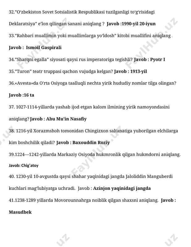 siya qays davlatga tegishli edi? javob : xorazm xalq sovet respublikasi 56. 1920-yil qizil armiya qo'shinlaridan mag’lubiyatga uchragan amir olimxon qayerga o'tib ketadi? javob: afg’onostonga 57. 1930 yilda qatag’on qilingan sa’dulla qosimov kim bo`lib ishlagan? javob: o’zssr oliy sudining raisi lavozimida ishlagan 58. 1978 yil qabul qilingan o’zbekiston respublikasi konsitutsiyasinin qachondan o’z kuchini yo’qotdi? javob : 1992-yil 8-dekabrdan 59. 1989 yil mart-iyun oylarida o’zbekistonning qaysi viloyat va shaharlarida millatlararo mojarolar ro’y berdi? javob : ‘ farg’ona voqealari ‘ 60. 1990 yil 20 iyun kuni o’zbekiston respublikasi oliy kengashning 2 sessiyasida qanday deklaratsiya qabul qilindi? javob : mustaqillik dekloratsiyasi 61. 1990 yil 24 mart kuni o`zbekistonda qanday lavozim joriy etildi? javob : prezidentlik 62. 1992 yil 2 mart kuni o`zbekiston qaysi tashkilotga a’zo bo`lib kirdi? javob : bmt 63. 1992-yil 10-dekabrda oliy kengashning o'n birinchi sessiyasida ... javob : davlat madhiyasi qabul qilindi 64. 1995-yil 23-fevralda birinchi chaqiriq oliy majlisning i …