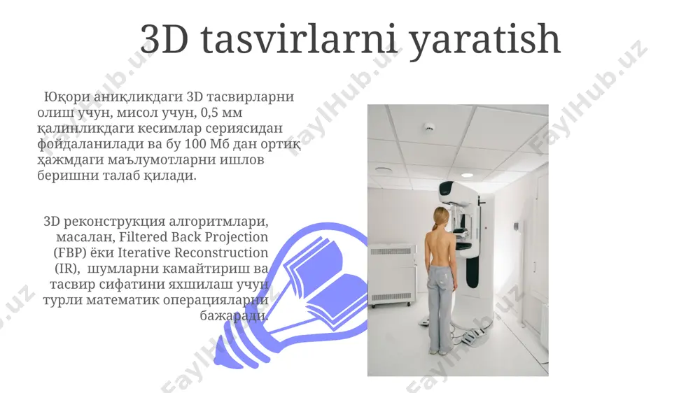 a ishlanib, kesma tasvirlar hosil qilinadi. kompyuter tomografiyasi (kt) rentgen nurlaridan foydalanib, inson tanasining kesmalarini 360 daraja burchak ostida skaner qilib, 512 dan 1024 gacha bo'lgan piksellar soniga ega yuqori aniqlikdagi tasvirlarni yaratadigan tibbiy tasvirlash usulidir. xavfsizlik choralari kt skanerlarida 10-15 mas dan ortiq tok kuchi bilan ishlash tavsiya etilmaydi, chunki bu bemor uchun ortiqcha nurlanishga olib keladi va noxush ta'sirlarni kuchaytiradi. kompyuter tomografiyasida bemorni radiatsiyadan himoya qilish uchun 2 msv dan oshmagan dozada nurlanishga yo'l qo'yiladi, bu esa tasvir sifatini saqlagan holda minimal miqdordagi nurlanishni ta'minlaydi. kompyuter tomografiyasining afzalliklari va kamchiliklari ktning yuqori narxi va maxsus jihozlarga bo'lgan ehtiyoj keng qo'llanilishini cheklaydi, shuningdek, kichik bolalar va klaustrofobiya bilan og'rigan bemorlar uchun muammo tug'dirishi mumkin. kompyuter tomografiyasi yuqori aniqlikdagi 3d tasvirlarni hosil qiladi, bu esa diagnostika aniqligini 95% gacha oshiradi va an'anaviy rentgenografiyaga nisbatan ancha batafsil ma'lumot beradi. tibbiyotdan tashqari qo'llanilishi 01 02 kompyuter tomografiyasi sanoatda, masalan, 3d-model yaratish orqali …