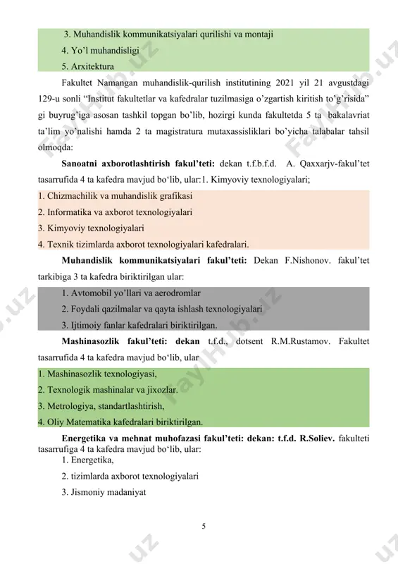 (bino va inshootlarni loyihalash, qurilish) ” va 5340500- “qurilish materiallari, buyumlari va konstruksiyalarini” ishlab chiqarish mutaxassisliklarii bo’yicha 600 nafarga yaqin bakalavrlar tayyorlanmoqda. fakultet tasarrufida 5 ta kafedra mavjud bo’lib, ular: 1. bino va inshootlar qurilishi 2. qurilish materiallari, buyumlari va konstruksiyalarini ishlab chiqarish 3. muhandislik kommunikatsiyalari qurilishi va montaji 4. yo’l muhandisligi 5. arxitektura fakultet namangan muhandislik-qurilish institutining 2021 yil 21 avgustdagi 129-u sonli “institut fakultetlar va kafedralar tuzilmasiga o’zgartish kiritish to’g’risida” gi buyrug’iga asosan tashkil topgan bo’lib, hozirgi kunda fakultetda 5 ta bakalavriat ta’lim yo’nalishi hamda 2 ta magistratura mutaxassisliklari bo’yicha talabalar tahsil olmoqda: sanoatni axborotlashtirish fakul’teti: dekan t.f.b.f.d. a. qaxxarjv-fakul’tet tasarrufida 4 ta kafedra mavjud bo‘lib, ular:1. kimyoviy texnologiyalari; 1. chizmachilik va muhandislik grafikasi 2. informatika va axborot texnologiyalari 3. kimyoviy texnologiyalari 4. texnik tizimlarda axborot texnologiyalari kafedralari. muhandislik kommunikatsiyalari fakul’teti: dekan f.nishonov. fakul’tet tarkibiga 3 ta kafedra biriktirilgan ular: 1. avtomobil yo’llari va aerodromlar 2. foydali qazilmalar …