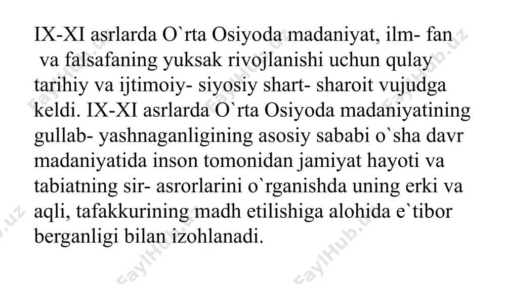 slatlari ham ahloqi bilan yakunlanadi". forobiy ta`limotida aqliy tarbiya bilan ahloqiy tarbiya masalasi uzviy bo`lanib ketgan. ahloqiy bo`lish aqllilikning muhim hislati, fazilatidir. forobiyning ahloqiy tarbiya haqida ta`limoti "ideal shahar aholisining fikrlari", "baht- saodatga erishuvi haqida", "aristotelning "etika" asariga sharhlar" kabi risolalarida bayon etilgan. inson yuksak kamolatga erishuv yo`lida harakat qilganidek, aqliy bilishga ham harakat qilsa, shubhasiz o`zi intilayotgan saodatga erishadi, deb ta`kidlash bilan mavhum inson timsolini yaratib uni tarbiya sohasida namuna qilib ko`rsatadi. bu inson jismonan barkamol barcha masalalarni tez tushuna oladigan, hotirasi kuchli, fikri ravon, bilimga, o`qishga muhabbat qo`ygan, haqiqatgo`y, vijdonli, adolatli kabi fazilatlari bilan boshqalardan ajralib turadi. abu rayhon muhammad ibn- ahmad al- beruniy (973-1048) qadimiy horazm shahri qiyotda tu`ilgan. beruniy buyuk qomusiy olim va faylasuf bo`lib, fanning turli sohalari bo`yicha 150 dan ortiq asarlar yozib qoldirgan. jumladan, "qadimgi halqlardan qolgan yodgorliklar", "hindiston", "mineralogiya", "geodeziya", "dorivor o`simliklar haqida kitob", "ma`sud qonuni", "astronomiya va yulduzlar to``risida", "er harakat qiladimi, …