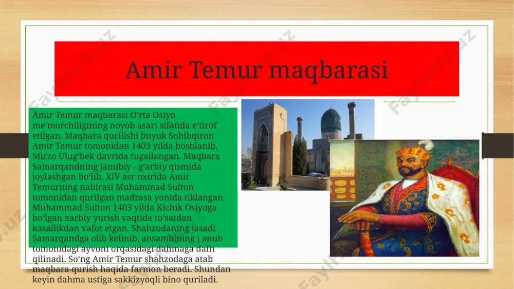 shaxslar dafn etilgan. u dastlab samarqand din ulamolari va hokimlari tomonidan xi asrda payg‘ambar muhammad (s.a.v)ning amakilarining o‘g‘li qusam ibn abbos sharafiga qurilgan. imom al-buxoriy yodgorlik majmui imom al-buxoriy dafn etilgan payariq tumani xartang qishlog‘idagi qabriston musulmon ahlining eng tabarruk va aziz ziyoratgohlaridan bo‘lib kelgan. xvi asrda imom al-buxoriy qabri ustiga mo‘jazgina maqbara, yoniga masji qurilib, hovlisiga bir necha tup chinor ekilgan. lekin sobiq sho‘ro tuzumi davrida bu maskan qarovsiz qolgan. o‘zbekiston respublikasi vazirlar mahkamasining 1997-yil 29-apreldagi «imom al-buxoriy tavalludining hijriy-qamariy taqvim bo‘yicha 1225 yilligini nishonlash to‘g‘risida»gi qarori asosida allomaning maqbarasi o‘rnida maxsus yodgorlik majmui barpo etildi hazrati xizr masjidi shahrimizningengmuqaddasziyoratgohi vame’moriy obidalaridan biri, samarqandning eng birinchi masjidi payg‘ambar hazratixizr masjididir. endilikda bume’moriy obida o’zbekistoningbirinchi prezidenti islom abdug’aniyevich karimov dafnetilgan muqaddas ziyoratgoh hamdir.masjidning peshayvonidan tevarak-atrofga razm solinsa, ufq bilan qo‘shilib ketgan manzara ko‘rinadi. ulug‘vor amir temur jome’ masjidi va bibixonim maqbarasini to‘laligicha ko‘rish mumkin. undan sal uzoqroqda mashhur registon madrasalari …