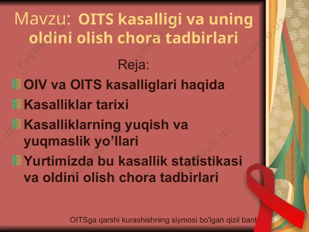sallik yevropa va dunyoning boshqa mamlakatlarida ham qayd qilingan. hozir oits deyarli barcha davlatlarda tarqalganligi uchun u «xx asr vabosi» deb ham ataladi. oits “tarjimai holi”dan satrlar oits epidemiyasining boshlanish vaqti deb 1970 yillarning oxiri va 1980 yillarning boshi qabul qilindi. 1981 yil 5 iyun - aqsh kasalliklarining oldini olish bo’yicha nazorat markaziga besh nafar fuqaro g’ayrioddiy kasallik bilan og’rigani haqida ilk ma’lumot kelib tushdi. 1982 yil, sentyabr – matbuotda ilk bor oits atamasi paydo bo’ldi, unga ta’rif berildi va aqsh hamda g’arbiy yevropada uning ustidan rasmiy kuzatuv olib borila boshlandi. 1982-1983 yillarda oitsning qonni qayta quyish va giyohvand moddalarni qon tomiri orqali kiritish bilan bog’liqligi aniqlandi. 1985 yil- oiv/oitsning asosiy o’tish yo’llari aniqlandi. 1985 yil- mdh davlatlari hududida oits bilan og’rigan ilk bemor qayd etildi. 1985 yilda oits bilan kurashish uchun birinchi dori– azitotimidinning (azt) birinchi sinovlari boshlandi. mazkur dori kasallikni butunlay tuzatmasa ham, kasallik rivojlanishini sekinlashtiradi. 1987 yil- …
