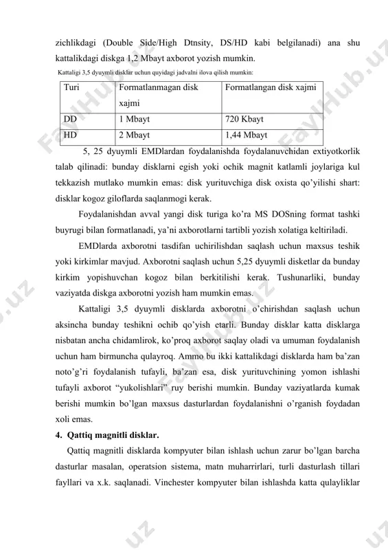 ozuviga zid bo’lmagani ma’kul. rangli monitorlarda har bir katak faniga va undagi belgiga turli ranglar berish imkoniyati mavjud. ana shundan foydalanib, montorga rang-barang, juda chiroyli yozuvlar yozish mumkin. monoxrom monitorlarda esa, matn bo’lagini ajratish ajratilgan qismdagi harflarni yoritibrok ifoda etish, tagiga chizish yoki inversiya usuli (och fanda tuk harflar) bilan amalga oshiriladi. monitorning grafika xolatida ekranga turli grafiklar va tasvirlar chiqariladi. bu xolatda ekrandagi matnlarni turli shiriftlarda yozish mumkin. mazkur xolatda rangli monitor ekranni turli ranglarni qabul qila oluvchi mayda nuqtalardan tashkil topadi. bu nuqtalarning soni monitorning ana shu xolatdagi imkoniyat darajasini belgilaydi. masalan, “imkoniyat darajasi 640x480, 16” yozuvi, ekranda gorizantaliga 640, vertikaliga 480 nuqta mavjudligini va bu nuqtalar 16 xil rang qabul qila olishini ko’rsatadi. 6. klaviatura. tugmalari soniga ko’ra standart (84) va kengaytirilgan (101) klaviaturalari mavjuddir. bundan tashqari, klaviaturalar lotin harflarining joylashuviga ko’ra ham farqlandi: amerika va angliya standarti - qwerty, frantsuz stanbarti - azerty. klaviaturada lotin alifbosi …