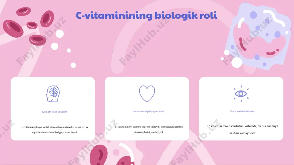 nizmga ta'sirini o'rganishga qaratilgan. bu manbalar, organizmning vitamin ehtiyojlarini qondirishda muhim ahamiyatga ega. kelajakdagi tadqiqotlar kelajakdagi tadqiqotlar, yangi c-vitamini manbalarini kashf etishga va ularning sog'liq uchun foydasini o'rganishga qaratilishi kerak. bu, sog'lom turmush tarzini qo'llab-quvvatlashda muhimdir. tadqiqotlarning ahamiyati c-vitamini manbalari bo'yicha tadqiqotlar, sog'liqni saqlash va oziqlanish sohalarida yangiliklar kiritishga yordam beradi. ular, shuningdek, c-vitamini yetishmasligining oldini olish strategiyalarini ishlab chiqishda muhimdir. c-vitamini va sog'liqni saqlash c-vitamini va sog'liq o'rtasidagi bog'liqlik: c-vitamini inson organizmida muhim rol o'ynaydi, u immun tizimini mustahkamlash, yaralarni tezda tuzatish va to'qimalarni yangilashda yordam beradi. shuningdek, c-vitamini antioksidant sifatida faoliyat yuritadi, bu esa hujayralarni erkin radikallardan himoya qiladi va turli kasalliklar rivojlanish xavfini kamaytiradi. buning natijasida, sog'liqni saqlashda uning ahamiyati juda katta. c-vitamini va kasalliklar: qanday xavf-xatarlar mavjud? c-vitamini etishmasligi turli kasalliklar, jumladan, skorbüt, yurak-qon tomir kasalliklari va hatto ba'zi saraton turlari bilan bog'liq. shunday qilib, etarli miqdorda c-vitamini iste'mol qilmaslik, organizmni kasalliklarga nisbatan zaiflashtirishi mumkin. oziqlanishda …