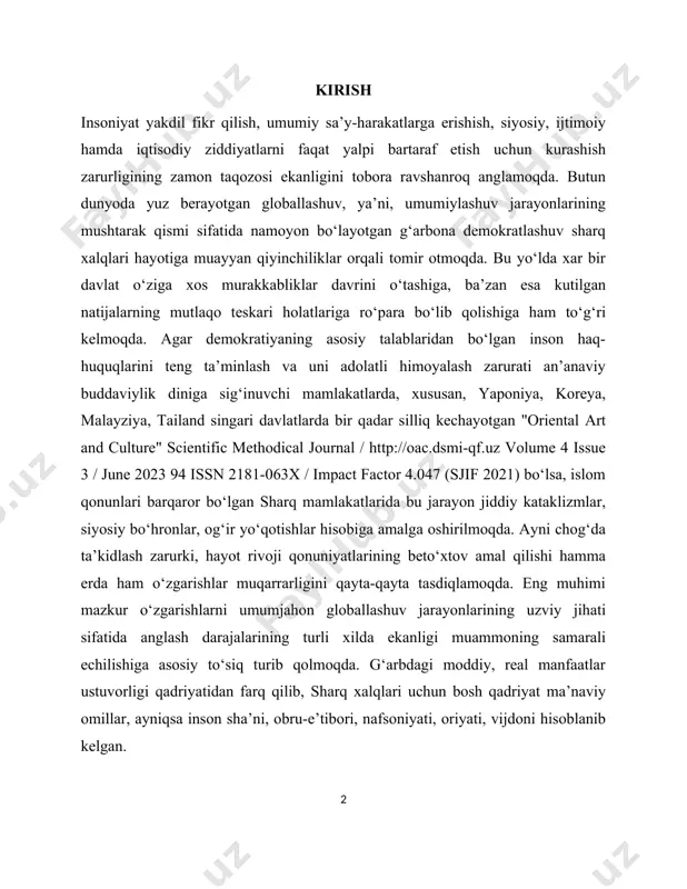 arni umumjahon globallashuv jarayonlarining uzviy jihati sifatida anglash darajalarining turli xilda ekanligi muammoning samarali echilishiga asosiy to‘siq turib qolmoqda. g‘arbdagi moddiy, real manfaatlar ustuvorligi qadriyatidan farq qilib, sharq xalqlari uchun bosh qadriyat ma’naviy omillar, ayniqsa inson sha’ni, obru-e’tibori, nafsoniyati, oriyati, vijdoni hisoblanib kelgan. 1.1 xvi-xvii asrlarda xalqaro munosabatlar va diplomatiyaning asosiy tavsifiy xususiyatlari 15 asr oxirida yevropa yangi xalqaro munosabatlar doirasiga o‘tdi. shu davrda ko‘p mamlakatlarda absolyut monarxiyalar vujudga kelishi uchun sharoit yaratilayotgan edi. buyuk geografik kashfiyotlar yangi dunyo va sharqni yevropaga yaqinlashtirdi. ispaniya va portugaliya janubiy sharqiy osiyoda mustamlakachilik xukmronligini o‘rnatishdi. yagona davlatning vujudga kelishi siyosat shaklini o‘zgartirdi. «davlatning tashqi aloqalarga q[footnoteref:1]iziqishi» deb baholangan bu siyosat barchaga ma'qul kelgan. [1: 1. karimov i.a. o’zbekiston xxi asr bo`sag`asida: xavfsizlikka tahdid, barqarorlik shartlari va taraqqiyot kafolatlari. t., "o’zbekiston", 1997 ] absolyut monarxik davlatlarning vujudga kelishi natijasida yirik davlatlar (angliya, fransiya, ispaniya, portugaliya, daniya, shvetsiya) o‘rtacha va mayda davlatlar bilan qarama-qarshi bo‘lib …