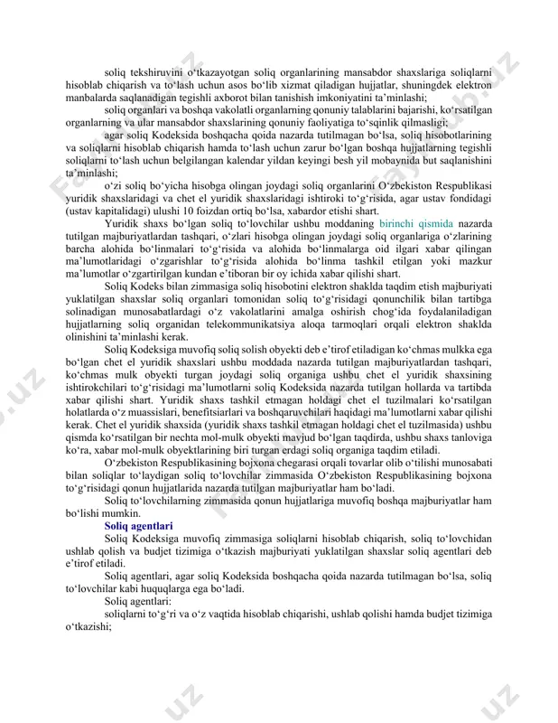 ish yoxud ulardan foydalanishni rad etish; soliqlar, penyalar va jarimalarning ortiqcha to‘langan yoki ortiqcha undirilgan summalarini o‘z vaqtida hisobga o‘tkazish yoki qaytarish; soliq kodeksida belgilangan tartibda va shartlarda soliqlarni to‘lashni kechiktirish yoki bo‘lib-bo‘lib to‘lash; soliq solish obyektlarini hisobga olishda, soliqlarni hisoblab chiqarish va to‘lashda o‘zlari yo‘l qo‘ygan xatolarni mustaqil ravishda tuzatish; soliq kodeksiga muvofiq o‘z hududida o‘tkaziladigan sayyor soliq tekshiruvini va soliq auditini o‘tkazish chog‘ida hozir bo‘lish; sayyor soliq tekshiruvi va soliq auditi materiallari bilan tanishish, shuningdek ushbu tekshiruvlarning dalolatnomalarini olish; soliq tekshiruvini amalga oshiruvchi soliq organlariga soliq to‘g‘risidagi qonunchilikning ijrosiga taalluqli masalalar bo‘yicha tushuntirishlar berish; soliq organlari va boshqa vakolatli organlarning hamda ular mansabdor shaxslarining soliq kodeksiga va (yoki) soliq to‘g‘risidagi boshqa qonunchilik hujjatlariga muvofiq bo‘lmagan talablarini bajarmaslik; soliq organlari va boshqa vakolatli organlarning normativ tusga ega bo‘lmagan hujjatlari hamda qarorlari, ular mansabdor shaxslarining harakatlari (harakatsizligi) ustidan belgilangan tartibda shikoyat qilish; soliq organlari va boshqa vakolatli organlarning qonunga xilof …