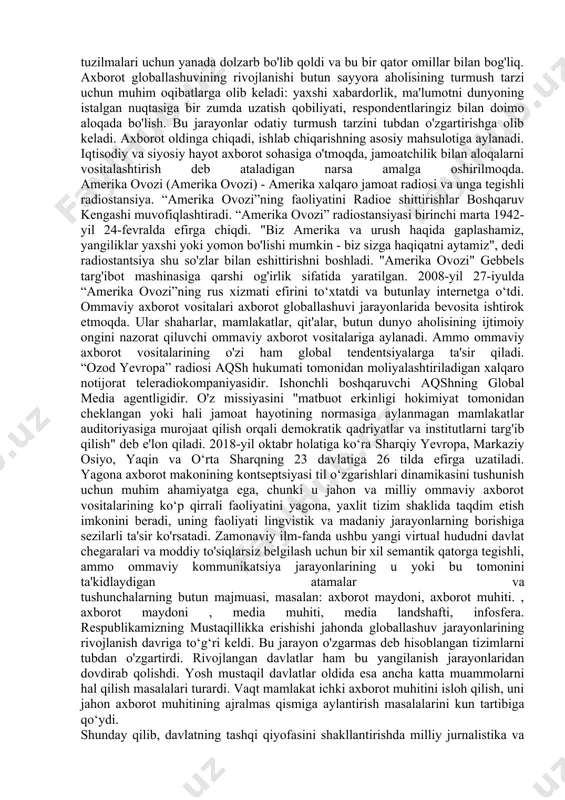 yulda turk, arab va frantsuz tillarida birinchi usmonli gazetasi nashr etildi. sabah (gastrol. "morning", tong gazetasi) - turkiyaning kundalik gazetasi, 1985 yil 22 aprelda izmirda turk tadbirkori dinch bilgin tomonidan asos solingan. shiori "turkiye'nin en iyi gazetesi", 1997 yil yanvar oyida internetda veb-sayt ochildi. amerikaning the new york times gazetasi, the new york times international weekly gazetasidan turkchaga tarjima qilingan maqolalarni chop etish uchun sabah gazetasini tanladi. sabah gazetasi germaniyada sabah deutsch nomi bilan nemis tilida, turkiyada sabah europe nomi bilan, yevropa ittifoqida ingliz, nemis va arab tillarida daily sabah nomi bilan nashr etiladi. 21 ta umumrespublika gazetalarining o'rtacha umumiy tiraji 4 million nusxaga yetdi. aksariyat nashriyotlar o‘z faoliyatida jahonning eng zamonaviy texnika va texnologiyalaridan foydalana boshladi. 4.2. radio: radio rossiya, amerika ovozi va ozod evropa teleradiokompaniyalari ma'lumotlarini tahlil qilish aqshning axborot siyosatini amalga oshirish mamlakatning o'zida xorijiy jurnalistlar bilan ishlash uchun matbuot markazlarining ishlashini, davlat rahbarlariga, ommaviy axborot vositalariga …