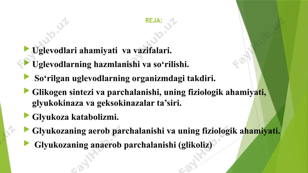 oziq moddalarga kiradi. ulardan glikogen jigar va muskul to’qimasida to’planib, lozim bo’lganda sarflanadi. glikogen glyukozaning vaqtinchalik deposidir. uglevodlar tuzilishiga ko’ra 3 gruppaga bo’linadi: monosaxaridlar; disaxaridlar (hamda oligosaxaridlar); polisaxaridlar monosaxaridlar-gidrolizlanmaydigan (eng sodda) uglevodlardir, ularga: triozalar (3ta «c» li) - 3-fosfoglitseraldegid; tetrozalar (4ta «c» li) - eritroza; peptozalar (5ta «c» li) - riboza. dezoksiriboza; geksozalar (6ta «c» li) - glyukoza, fruktoza, galaktozalar kiradi. disaxaridlarga: saxaroza (glyukoza va fruktozadan tashkil topgan); laktoza (glyukoza va galaktozadan); maltoza (ikki molekula glyukozadan) kiradi polisaxaridlar gomopolisaxaridlar geteropolisaxaridlar glikogen, kraxmal, kletchatka, sellyuloza (mukopolisaxaridlar) monosaxarid va ularning unumlaridan tashkil topgan a)kislota hossali mukopolisaharidlar; b)neytral mukopolisaharidlar. aerob yo’l glyukozaning asosiy parchalanish yo’li bo’lib, 3 bosqichda boradi: 1 boschiq– glikolitik stadiya – glyukozaning pirouzum kislotasiga parchalanishi; 2 boschiq- piruvatning oksidlanish yo’li bilan dekarboksilla-nishi atsetil-ko a hosil bo’lishi; 3 boschiq - krebsning uch karbon sikli va elektronlar o’tkazish zanjiri. glyukozaning aerob parchalanish sarflangan atf mikdori, mol hosil bo‘lgan atf mikdori, mol i. …