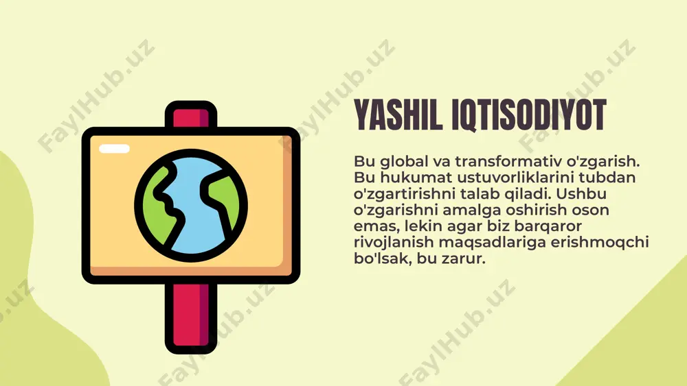 qiyotga erishishni taqozo qiladi bu hozirgi kunda global masalalardan biriga aylangan. foydalanilgan adabiyotlar ўзбекистон республикаси вазирлар маҳкамасининг 2018 йил 20 октябрдаги “2030 йилгача бўлган даврда барқарор ривожланиш соҳасидаги миллий мақсад ва вазифаларни амалга ошириш чора-тадбирлари тўғрисида”ги 841-сонли қарори. глобальный «зеленый» новый курс : доклад unep / unep. – 2009. – март. –42 c – url: http://www.uncclearn.org/sites/www.uncclearn.org/files/inventory/unep90_rus.pdf https://www.ifoam.bio/global-organic-area-continues-grow jonathan m. harris. sustainability and sustainable development. international society for ecological economics. - p. 1. иванова н.и., левченкол.в. «зеленая» экономика: сущность, принципы и перспективы. //вестник омского университета. серия «экономика». 2017. № 2 (58) с.20-21 thank you! e’tiboringiz uchun rahmat !!! image1.png image2.svg image3.png image4.svg image5.png image6.svg image7.png image8.svg image9.png image10.svg image11.png image12.svg image13.jpeg image14.png image15.svg image16.png image17.svg image18.png image19.svg image20.png image21.png image22.svg image23.jpeg image24.png image25.svg image26.jpeg image27.jpeg image28.jpeg image29.jpeg image30.png image31.jpeg image32.png image33.jpeg image34.png image35.svg image36.png image37.svg /docprops/thumbnail.jpeg