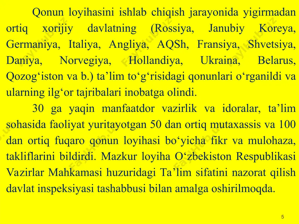 ofessional ta’lim (to‘qqiz yillik tayanch o‘rta va ikki yillik boshlang‘ich professional ta’lim) olgan shaxslar, shuningdek ushbu qonun kuchga kirguniga qadar o‘rta maxsus, kasb-hunar ta’limi (to‘qqiz yillik umumiy o‘rta va uch yillik o‘rta maxsus, kasb-hunar ta’limi) olgan shaxslar oliy ma’lumot olish huquqiga ega. * * oliy ta’lim ikki bosqichga — bakalavriat va magistratura bosqichiga ega. bakalavriat oliy ta’lim yo‘nalishlaridan biri bo‘yicha chuqurlashtirilgan bilim, malaka va ko‘nikmalar beradigan, o‘qish davomiyligi kamida uch yil bo‘lgan tayanch oliy ta’limdir. magistratura tegishli bakalavriat negizidagi aniq mutaxassislik bo‘yicha o‘qish davomiyligi kamida bir yil bo‘lgan oliy ta’limdir. magistratura mutaxassisliklarining va ularga muvofiq bo‘lgan bakalavriat ta’lim yo‘nalishlarining ro‘yxati ta’lim sohasidagi vakolatli davlat boshqaruvi organi tomonidan belgilanadi. fuqarolar shartnoma asosida ikkinchi va undan keyingi oliy ma’lumotni olish huquqiga ega. . * oliy ta’limdan keyingi ta’lim oliy ta’limdan keyingi ta’limni oliy ta’lim va ilmiy tashkilotlarda olish mumkin. oliy ta’limdan keyingi ta’lim doktorlik dissertatsiyasini tayyorlash va himoya qilish maqsadida mutaxassislikni chuqur …