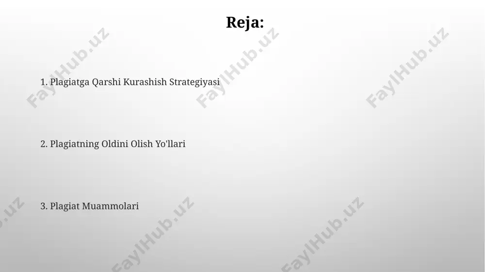 zlashtirish) va matnni qayta yozish orqali qilingan plagiat (10-40% o'zlashtirish). plagiatdan himoya qilish plagiatdan himoya qilishda matnning o'ziga xosligini aniqlash uchun 15% dan yuqori o'xshashlikka ega bo'lgan segmentlarni tekshirish muhim hisoblanadi, bu esa antiplagiat dasturlarining asosiy vazifasidir. plagiatni aniqlashda "turnitin" yoki "unicheck" kabi 20 dan ortiq xalqaro antiplagiat tizimlari mavjud bo'lib, ular akademik va kasbiy ishlarning haqiqiyligini tekshirishga yordam beradi. plagiatning sabablari internetdagi bepul resurslarning ko'payishi va ularga kirishning soddaligi ham plagiatning asosiy sabablaridan biridir. ko'pgina talabalar manbalarni to'g'ri ko'rsatmasdan ma'lumotlardan foydalanadilar. plagiatning asosiy sabablaridan biri – talabalarning 20% dan ortiq vaqtini topshiriqlarni bajarishga emas, balki kerakli ma'lumotlarni topishga sarflashi hisoblanadi. bunday sharoitda o'zlashtirish osonroq bo'lib ko'rinadi. e'tiboringiz uchun rahmat @taqdimot_robot image3.png image4.jpg image5.jpg image6.jpg image7.jpg image8.jpg image9.jpg image10.jpg image1.png