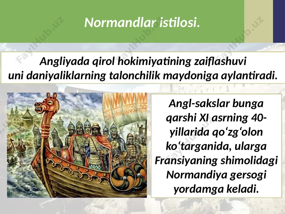 harliklar ko‘magida 1215-yilning bahorida isyon ko‘taradilar. qirol «buyuk ozodlik xortiyasi» nomini olgan hujjatni imzolashga majbur bo‘ladi. angliya parlamenti. angliyada birinchi parlament 1265-yilda chaqiriladi. parlament tarkibida baronlardan tashqari, ruhoniylar, har bir graflikdan ikkitadan ritsar hamda yirik shaharlardan ikkitadan vakillar to‘plangan. xiv asrdan boshlab parlament soliqlar tayinlashdan tashqari, qonunlar ishlab chiqish va qabul qilishda qatnashish huquqini qo‘lga kiritadi. vestminster saroyi, hozirgi buyuk britaniya parlamenti joylashgan bino savol va topshiriqlar 1. normandlar istilosining angliya uchun ahamiyatini ta’riflab bering. 2. feodal jamiyatining angliya va fransiyada o‘rnatilishi xususiyatlarini qiyoslab, farqlarini aniqlang. 3. «buyuk ozodlik xartiyasi»ni siz qanday tushundingiz? 4. angliya parlamenti haqida so‘zlab bering. image2.jpg image3.jpeg image4.jpeg image5.jpeg image6.jpeg image7.jpeg image8.jpeg image9.emf image10.jpeg image11.jpeg image12.emf image13.jpeg image14.jpeg image15.png image16.jpeg image17.emf image1.jpg