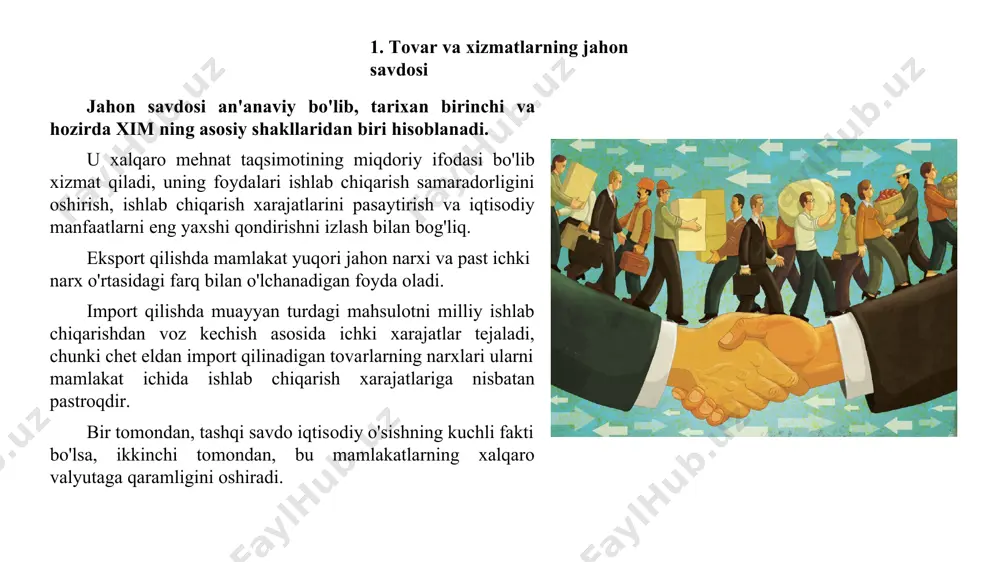 port qiladilar va boshqa mamlakatlar tomonidan ishlab chiqarilgan tovarlarni (ishlab chiqarishda ular bilan savdo qiladiganhamkorlar afzalliklarga ega) import qiladilar.). smitning fikricha, har bir mamlakat biron bir mahsulotda mutlaq ustunlikka ega. biroq, davlat ikkita tovar bo'yicha mutlaq ustunlikka ega bo'lgan yoki hech birida mutlaq ustunlikka ega bo'lgan holatlar mumkin. nazariyaning afzalligi: mutlaq ustunlik nazariyasi mehnat qiymatiga asoslanadi va xalqaro darajada allaqachon mehnat taqsimotining aniq afzalliklarini ko'rsatadi. nazariyaning kamchiligi: mutlaq ustunlik nazariyasi - nima uchun mamlakatlar ma'lum tovarlarni ishlab chiqarishda mutlaq ustunlik bo'lmagan taqdirda ham bir-biri bilan savdo qiladidegansavolga javob bermaydi 2). d.rikardo devid rikardoning qiyosiy ustunlik nazariyasi 1817-yilgi “siyosiy iqtisod va soliqqa tortishning boshlanishi” asarida mutlaq ustunlik umumiy qoidaning alohida holati ekanligini isbotlab berdi va qiyosiy ustunlik nazariyasini asoslab berdi. qiyosiy ustunlik nazariyasining mohiyati shundan iboratki, agar davlatlar boshqa mamlakatlarga nisbatan nisbatan arzonroq xarajat bilan ishlab chiqarishi mumkin bo'lgan tovarlarni ishlab chiqarishga ixtisoslashgan bo'lsa, u holda savdo ularning mavjud yoki ushbu …
