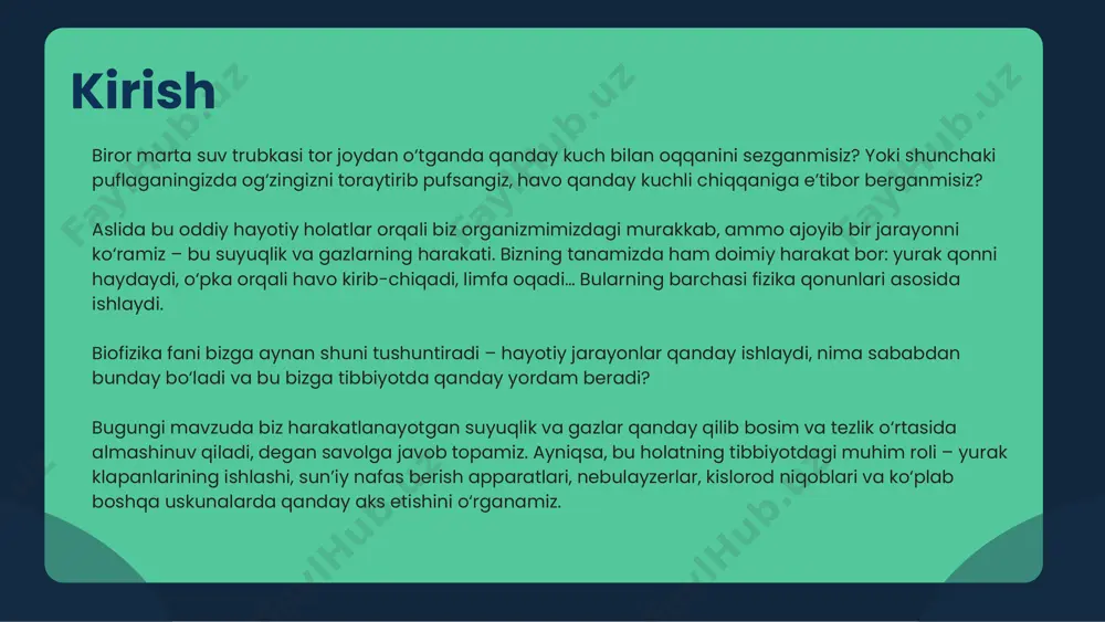 yurak klapanlarida ham sodir bo‘ladi. shunday qilib, bernulli qonuni bizga shuni tushunishga yordam beradi: tanadagi har qanday torayish yoki kengayish – bu nafaqat shaklning o‘zgarishi, balki oqim tezligi va bosimga ta’sir qiluvchi muhim omillardir. qon aylanish tizimidagi qo‘llanilishi bernulli qonuni qon aylanish tizimini chuqur tushunishda muhim o‘rin tutadi. inson tanasida yurak tomonidan haydalayotgan qon aorta kabi yirik tomirlardan boshlanib, asta-sekin mayda kapillyarlargacha yetib boradi. bu yo‘l davomida qon turli o‘lchamdagi – keng va tor tomirlar orqali oqadi. qon harakati shunchaki oqim emas – u tezlik va bosim o‘rtasidagi nozik muvozanatga tayanadi. agar tomir toraysa… masalan, ateroskleroz (tomirlarda xolesterin to‘planishi) natijasida tomirlar torayadi. bu tor joyda qon tezroq oqadi, chunki suyuqlik tor joydan o‘tayotganda tezlik ortadi. biroq, bu yerda bosim kamayadi. bu holat yurakka ortiqcha yuk tushishiga olib kelishi mumkin. agar tomir kengaysa… masalan, anevrizma bo‘lsa – tomir devori haddan tashqari kengayib ketadi. bu joyda qon sekinroq oqadi, chunki harakat erkinlashadi, …