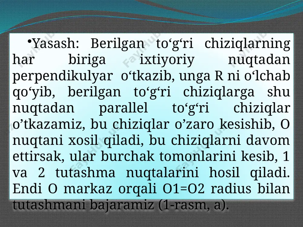 tomonida joylashgan. 9-rasmda ko‘rsatilgandek urinish nuqtasi tomonida joylashgan. 9-rasmda ko‘rsatilgandek bir juft markazlar qaramq-qarshi tomonda va biri o‘zining markaziga ega bo‘lib, urinish nuqtasi tomonida joylashgan. 9-shakl e’tiboringiz uchun raxmat!!! audio1.wav audio2.wav audio3.wav image2.jpeg image3.jpeg image4.png image5.jpeg image6.png audio4.wav image7.png image8.png image9.png image10.jpeg image11.jpeg /docprops/thumbnail.jpeg