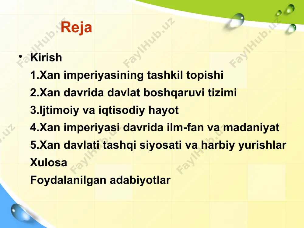 trategik aql-zakovati va xalqning qo‘llab-quvvatlashiga ega bo‘lishi edi. xan davrida davlat boshqaruvi tizimi imperator hokimiyati va markazlashuv siyosati:xan imperiyasida imperator hokimiyati mutlaq edi va barcha davlat boshqaruvi tizimlari uning atrofida qurilgan edi. imperator “osmon o‘g‘li” sifatida qaralib, ilohiy vakolatga ega deb hisoblanardi. bu g‘oya qin sulolasidan meros qolib, xan imperatorlari tomonidan yanada rivojlantirildi. imperator nafaqat davlatning eng yuqori rahbari, balki diniy va ma’naviy lider sifatida ham xizmat qildi. uning qarorlari qonun sifatida qabul qilinardi va hech kim uning hokimiyatiga qarshi chiqish huquqiga ega emas edi. byurokratik tuzilma va konfutsiy taʼlimoti asosidagi siyosat xan imperiyasining davlat boshqaruvi tizimi samarali byurokratik tuzilmaga asoslangan edi. bu tuzilma qin sulolasining ma’muriy tajribasini meros qilib oldi, lekin xan imperatorlari uni yanada takomillashtirdilar. byurokratiya imperiya hududlarini boshqarishda muhim rol o‘ynadi va imperatorning qarorlarini amalga oshirishni ta’minladi. ma’murlar imperator tomonidan tayinlanar va ularning faoliyati markaziy hokimiyat tomonidan qattiq nazorat qilinardi.konfutsiy ta’limoti xan imperiyasining boshqaruv tizimida muhim o‘rin …