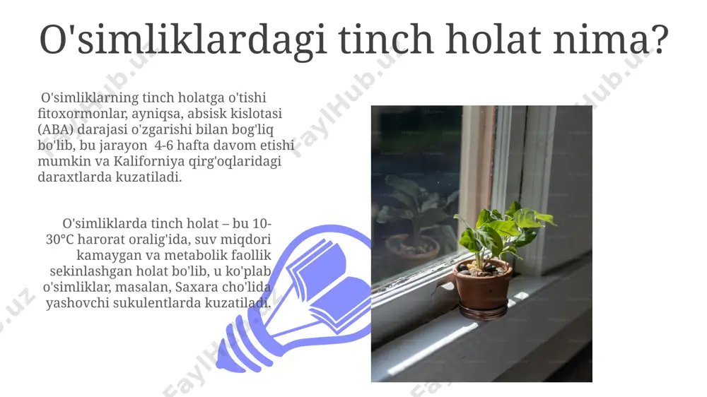 ning o'sishini faollashtiradi. tinch holatni buzish omillari o'zbekistonning qashqadaryo viloyati kabi qurg'oqchil hududlarida 40°c dan yuqori haroratlar va suv tanqisligi o'simliklarning tinch holatini jiddiy buzadi, fotosintez jarayonini sekinlashtiradi va o'simliklarning nobud bo'lishiga olib kelishi mumkin. tuproqdagi 5% dan ortiq sho'rlanish darajasi, ayniqsa, markaziy osiyo sharoitida, o'simliklarning ildiz tizimiga zarar yetkazib, suv va ozuqa moddalarini yutish qobiliyatini pasaytiradi va tinch holatni buzishga olib keladi. e'tiboringiz uchun rahmat @taqdimot_robot image4.jpg image5.jpg image6.jpg image7.jpg image8.jpg image9.jpg image10.jpg image11.jpg image12.jpg image1.jpeg image2.jpeg image3.jpeg