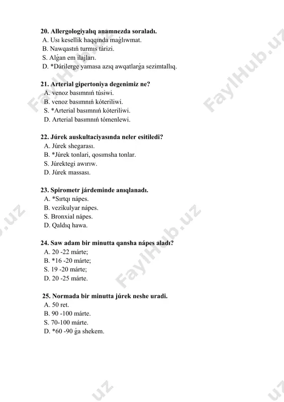 n danaǵa shekem tabıladı; c. boladı; d. kóriw maydanın qaplap aladı. 49. sidiktiń ulıwma analizi ushın neshe ml. sidik kerek a. *150-200 ml; b. 250-300 ml; s. 300-350 ml; d. 350-500 ml. 50. gipoproteinemiya ne? a. qanda beloktıǹ kóbeyip ketiwi; b. *qanda beloktıǹ kemeyip ketiwi; s. qanda uglevodlardıǹ kóbeyip ketiwi; d. qanda uglevodlardıǹ kemeyip ketiwi. 51. qandıń uyıw tezligi normada neshege teń? a. 2-3 minut; b. 3-4 minut; c. 4-5 minut; d. *5-6 minut. 52. zimnickiy sinaması usılında ne anıqlanadı? a. *sidiktiǹ sutkalıq muǵdarın anıqlaw; b. sidikte belok muǵdarın anıqlaw; s. sidikte qant muǵdarın anıqlaw; d. sidik reǹin anıqlaw. 53. pnevmoniyada gúzetiletuǵın tiykarǵı ókpe asqınıwlarına kiredi… a. perikardit; b. meningit; s. infeksion-toksik shok; d. *plevrit 54. ókpeniń tirshilik sıyımlılıǵı saw adamda neshe ml. boladı? a. 1500 ml. b. 3500 ml. s. 4500 ml. d. *5000 ml. 55. bronxoektaz qanday kesellik a. bronx silekey qabatınıń isiwi; b. *mayda bronxlardın keǹeyiwi; s. …