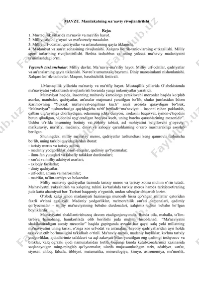 mustaqillik yillarida ma'naviy va ma'rifiy hayot — DOCX