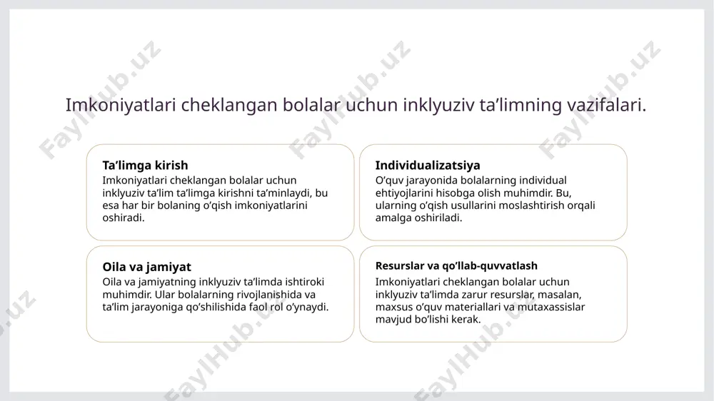 an, grafiklar, video materiallar va ko‘rgazmali usullar, o‘quvchilarning tushunishini kuchaytiradi va darslarni yanada samarali qiladi. xulosa 1 inklyuziv taʼlimning roli inklyuziv taʼlim, imkoniyati cheklangan bolalarning oʼqish va rivojlanish imkoniyatlarini oshiradi, jamiyatda tenglik va adolatni taʼminlaydi. 2 rivojlanish strategiyalari oʻzbekistonda inklyuziv taʼlimni rivojlantirish uchun samarali strategiyalar, oʼquv dasturlarini moslashtirish va malakali pedagoglar tayyorlashni talab qiladi. 3 hamkorlik va resurslar taʼlim tizimidagi hamkorlik va jamoatchilik ishtiroki inklyuziv taʼlimni amalga oshirishda muhim ahamiyatga ega, resurslarni toʼgʼri taqsimlash zarur. foydalanilgan adabiyotlar 1. mukhammedova, sh. x. inklyuziv taʼlimning nazariy asoslari va amaliyotda qoʻllanilishi. oʻzbekiston fanlar akademiyasi, 2022 2. toshmurodova, n. oʻzbekistonda imkoniyati cheklangan bolalar uchun inklyuziv taʼlim tizimi. oʻzbekiston milliy universiteti, 2023 3. jumayev, a. inklyuziv taʼlim va uning o'zbek ta'lim tizimidagi o'rni. ta'lim va innovatsiyalar jurnali, 2021 4. mamatqulov, a. inklyuziv taʼlim strategiyalari: oʻzbekiston tajribasi. xalqaro ta'lim konferensiyasi, 2023 5. abdullayeva, g. oʻzbekistonda imkoniyati cheklangan bolalar uchun taʼlim imkoniyatlari va muammolari. oʻzbekistondagi ta'lim muammolari, …