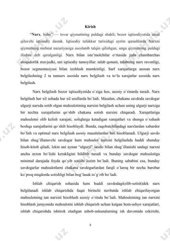 nlanishiga, milliy daromad-ning iqtisodiyot turli tarmoq va sohalari, xoʻjalik yurituvchi subʼektlari boʻyicha taqsimlanishiga, aholining ijtimoiy jihatdan himoya qilinishiga sharoit yaratadi. shuningdek, u ishlab chiqaruvchilarni ragʻbatlantirib, sogʻlom raqobat muhitining yaratilishiga katta taʼsir koʻrsatadi. narx, baho — tovar qiymatining puldagi shakli; bozor iqtisodiyotida amal qiluvchi iqtisodiy dastak. iqtisodiy tafakkur tarixidagi ayrim qarashlarda narxni qiymatning mehnat nazariyasiga asoslanib talqin qilishgan, unga qiymatning puldagi ifodasi deb qaralgan. 21-asr boshlaridagi nazariyalar narxni pulning miqdoriy nazariyasi asosida izoxlab, narxga harajatlar, tovarning nafliligi va raqobat taʼsir etishini eʼtirof etadi. narxni qiymat belgilaydi, ammo u aniq bir qiymatdan yuqori yoki past boʻlishi mumkin, bu esa bozordagi muayyan tovarga boʻlgan talab va taklift bogʻliq. narx faqat qiymatni emas, balki talab va taklif, shuningdek, tovarning ijtimoiy foydaliligi, sifati va boshqa tovarlar oʻrnini bosa olishi, muomaladagi pulning harid qobiliyatiga ham bogʻliq. binobarin, narx qiymatdan miqdoran farqlanadi. mahsulot tannarxi har qanday narxning asosi boʻlib, mahsulotning hayotiy sikli davomida uning narxidagi oʻzgarishlarga katta …