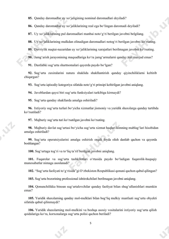 qanday shakllarda amalga oshiriladi? 96. ixtiyoriy sug‘urta turlari bo‘yicha xizmatlar jismoniy va yuridik shaxslarga qanday tartibda ko‘rsatiladi? 97. majburiy sug‘urta turi ko‘rsatilgan javobni ko‘rsating. 98. majburiy davlat sug‘urtasi bo‘yicha sug‘urta xizmat haqlari kimning mablag‘lari hisobidan amalga oshiriladi? 99. sug‘urta operatsiyalarini amalga oshirish orqali foyda olish dastlab qachon va qayerda boshlangan? 100. sug‘urtaga tog‘ri va to‘liq ta’rif berilgan javobni aniqlang. 101. fuqarolar va sug‘urta tashkilotlari o‘rtasida paydo bo‘ladigan fuqarolik-huquqiy munosabatlar nimaga asoslanadi? 102. “sug‘urta faoliyati to‘g‘risida”gi o‘zbekiston respublikasi qonuni qachon qabul qilingan? 103. sug‘urta bozorining professional ishtirokchilari berilmagan javobni aniqlang. 104. qonunchilikka binoan sug‘urtalovchilar qanday faoliyat bilan shug‘ullanishlari mumkin emas? 105. yuridik shaxslarning qanday mol-mulklari bilan bog‘liq mulkiy manfaati sug‘urta obyekti sifatida qabul qilinmaydi? 106. yuridik shaxslarning mol-mulkini va boshqa asosiy vositalarini ixtiyoriy sug‘urta qilish qoidalariga ko‘ra, korxonalarga sug‘urta polisi qachon beriladi? 107. majburiy tarzda amalga oshiriladigan shaxsiy sug‘urta turi berilmagan javobni belgilang. 108. javobgarlik sug‘urtasining iqtisodiy mohiyati nimada? 109. kimlar …
