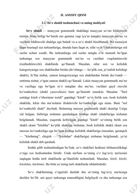 gan asrning 80y.larigacha boʻlgan oʻzbekcha lingvistik adabiyotlarda soʻz yasovchilardan boshqa affikslar shakl yasovchi va soʻz oʻzgartiruvchi affikslar tarzida 2 ga ajratilgan. shakl yasalishi va shakl yasovchi affikslar morfologiyada oʻrganiladi. 2.2. morfologiya--soʻz shakllari haqidagi taʼlimot sifatida. grammatika ikki qismdan: morfologiya va sintaksisdan iborat. morfologiya so‘zlarning tuzilishi va o‘zgarishi, so‘z turkumlarini o‘rganuvchi sohadir. so‘z turkumlari va ularning xususiyatlarini tekshirish morfologiyaning muhim vazifalaridandir. ma'lumki, so‘zlar turli grammatik ma'nolarni ifodalaydi. grammatik ma'no ifodalashiga ko‘ra so‘zlar har xil shakllarda bo‘ladi. so‘zlardagi bunday shakllarni ham.morfologiya o‘rganadi. morfologiya atamasining morfo - shakl, logos - so‘z ekanligi ham uning so‘z shakllari haqidagi ta'limot ekanligini ko‘rsatadi. til sathi sifatida morfologiya nisbatan qamrovdor bo‘lib, so‘z shakllari. so‘zlarning tuzilishi va o‘zgarishi, so‘z turkumlari, ulaming qonuniyatlanni o‘rganuvchi ta'limotdir. morfologiya (yun. morphe — shakl va... logiya) (tilshunoslikda) — 1) tilning morfologik qurilishi; 2) soʻz shakllari haqidagi taʼlimot. birinchi maʼnosida obyektni anglatsa, ikkinchi maʼnosida tilshunoslikning shu obyektni oʻrganuvchi bo‘limini bildiradi. morfologiya so‘z turkumlari, ularga …