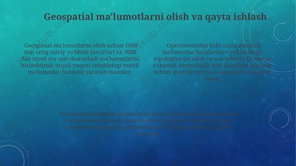 h, xatolar sonini kamaytiradi va samaradorlikni oshiradi. yo'l xaritalarini raqamlashtirishda 10000 dan ortiq nuqtalarni o'z ichiga oluvchi yuqori aniqlikdagi skanerlash texnologiyalari va fotogrammetriya usullaridan foydalanish ma'lumotlar to'plamining sifatini oshiradi. ma'lumotlar to'plamini qo'llash va uning imkoniyatlari ma'lumotlar to'plami asosida 200 dan ortiq yo'nalish uchun yangi yo'llarni loyihalash va mavjud infratuzilmani modernizatsiya qilish bo'yicha aniq rejalar tuzish mumkin. gps ma'lumotlari va sensorlardan olingan real vaqt rejimidagi ma'lumotlar bilan birlashtirilganda, yo'l holatini prognoz qilish aniqligi 90% ga yetadi. yo'l ma'lumotlar to'plami transport oqimini optimallashtirish, masalan, 10% gacha tirbandlikni kamaytirish va yo'l xavfsizligini 5% ga oshirish uchun ishlatilishi mumkin. atribut ma'lumotlarini to'plash va tasniflash trafik hajmi, tezlik cheklanishlari va avariyalar soni kabi 15 tadan ortiq trafik parametrlarini yig'ish va turli hududiy kategoriyalarga (shahar, qishloq, avtomagistral) asoslanib tasniflash mumkin. yo'l ma'lumotlari to'plamiga geometrik xususiyatlar (masalan, 100 metrli segmentlardagi egrilik radiusi) va yuza materiali (asfalt, beton, g'isht kabi 3 ta tur) kabi 20 dan ortiq atributlarni …