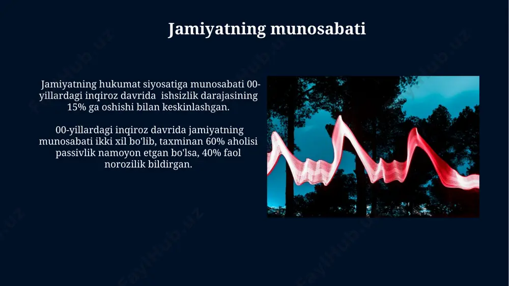 i va ta'sirining o'zgarishiga, xususan, bmtning ahamiyatining ortishiga sabab bo'ldi. hukumatning reaktsiyasi инқироз даврида давлатнинг бюджет тақчиллиги 3% дан ошиб кетди ва ижтимоий хизматларни молиялаштириш кескин қисқарди, бу ишсизлик даражасининг ошишига олиб келди. ҳукуматнинг қутқарув пакетлари, тахминан 1 триллион долларлик маблағлар ажратилган бўлиб, банк тизимининг барқарорлигини таъминлашга қаратилган эди, бироқ уларнинг самарадорлиги баҳсли бўлиб қолмоқда. e'tiboringiz uchun rahmat @taqdimot_robot image5.jpg image6.jpg image7.jpg image8.jpg image9.jpg image10.jpg image11.jpg image12.jpg image13.jpg image14.jpg image15.jpg image16.jpg image17.jpg image18.jpg image19.jpg image20.jpg image21.jpg image1.jpg