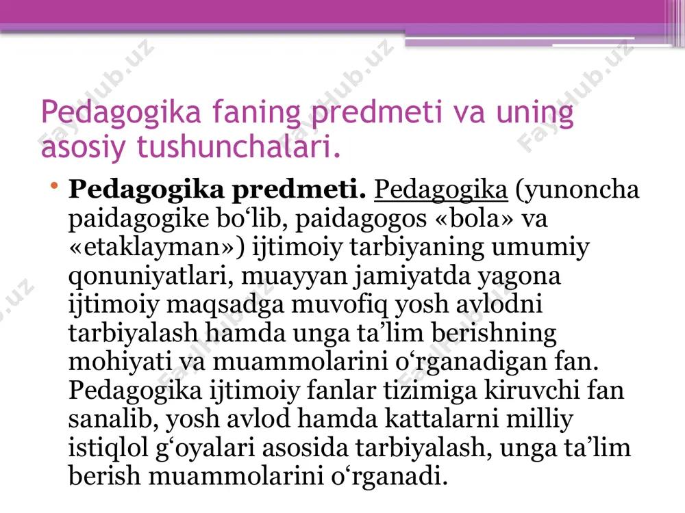 miga ega. aynan mana shu holat uning fan sifatida e’tirof etilishini kafolatlaydi. fanning mohiyatini ochib beruvchi eng muhim, asosiy tushuncha kategoriya deb ataladi. pedagogika fanining asosiy kategoriyalari shaxs kamolotini ta’minlash, ta’lim va tarbiya samaradorligiga erishishga qaratilgan jarayonlarning umumiy mohiyatini yoritadi. eng muhim kategoriyalar sirasiga quyidagilar kiradi: shaxs, tarbiya, ta’lim (o‘qitish, o‘qish), bilim, ko‘nikma, malaka, ma’lumot va rivojlanish. foydalanilgan adabiyotlar . o‘zbekiston resiubjkasining konstitutsiyasi toshkent, 1992-y. 2. o‘zbekiston respublikasining «ta’lim to‘g‘risida» gi qonuni. - t, 1997-y. 3. o‘zbekiston respublikasi «kadrlar tayyorlash milliy dasturi». - t.,1997-y. 4. i.a. karimov. o‘zbekiston mustaqillikka erishish ostonasida. - t., o‘zbekiston. 2011-y. image2.png image3.jpeg image4.jpeg /docprops/thumbnail.jpeg