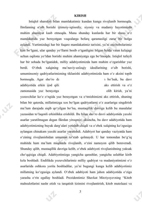 k adabiyotida juda katta sifat o‘zgarishlarni yuzaga keltirdi. mazkur davrda o‘zbek adabiyoti, jumladan, milliy qissachilikda ham tub o‘zgarishlar mirziyoyev. sh.. pq-3271-sonli qaror. 13.09.2017 namoyon bo‘la boshladi. [footnoteref:1] [1: mirziyoyev sh. qunun ustuvorligi va inson manfaatlarini ta’minlash – yurt taraqqiyoti va xalq farovonligining garovi. – toshkent: o‘zbekiston, 2017.] mazkur tadqiqotimizda istiqlol davrida yozilgan qissalarni tahlil etishni maqsad qilib qo‘ydik. bunday tanlanishga asosiy sabab, yangilangan adabiyotimizning o‘ziga xos jihatlarini ko‘rsatish, yangi g‘oyalar asosida yozilgan qissalarning poetik xususiyatlarini o‘rganish dolzarbligidir. xx asr o‘zbek adabiyotida qissa janri juda muhim o‘rin tutadi. o‘zbek nasrining g‘.g‘ulom, oybek, a.qahhor, a.muxtor, o.yoqubov, p.qodirov, sh.xolmirzayev, o‘.hoshimov, t.murod kabi darg‘alari adaboyotimizda jahon badiiy tafakkuri durdonalari bilan bo‘ylasha oladigan qissalar yaratdi. bu avlod vakillari o‘zbek qissachiligiga asos solishga hamda uni muayyan taraqqiyot bosqichiga ko‘tardi.ularning asarlarida milliy o‘zlikni saqlab qolishni burch deb bilgan, nobop ijtimoiy 1 mirziyoyev. sh.. pq-3271-sonli qaror. 13.09.2017 ymuhitda asriy qadriyatlarning toptalayotganidan ozor chekayotgan, ayni paytda yashashning ma’nosini va …
