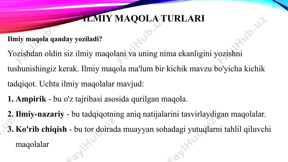 a bir necha kishi maqolani to'liq o'qiydilar. sarlavhaning vazifasi – maqolani to'liq o'qishga qiziqishni hosil etishdir. ba'zida maqolalar sarlavhalari keraksiz so'zlar (waste words) mavjudligi sababli juda uzun bo'ladi, va u so'zlar hech qanday ma'lumot bermaydigan so'zlardir. ko'pincha, bunday so'zlar sarlavhaning boshida keladi. yaxshi maqola sarlavhasining asosiy xususiyatlari: kamida 3 ta va 15 tadan ko'p bo'lmagan so'zlardan iborat. maqolaning o'ziga mos. keraksiz (waste words) so'zlarini o'z ichiga olmaydi. annotatsiya (abstract) maqolaning keyingi bo'limi – maqolaning qisqacha mazmunini aks ettiradi. rus tilida bu ko'pincha «referet», «annotatsiya» va ingliz tilida «abstract», «resume», «summary», deb nomlanadi. o'qilishi darajasi bo'yicha annotatsiya maqola sarlavhasidan keyin ikkinchi o'rinni egallaydi. uning vazifasi – potentsial o'quvchilarni maqolaning mazmuniga yo'naltirish va qiziqtirish, maqolani to'liq o'qish uchun istagini uyg'otishdir. annotatsiyada maqolaning barcha bo'limlar bo'lishi kerak, ammo juda qisqartirilgan shaklda. agar annotatsiya yaxshi yozilgan bo'lsa, unda maqolaning mazmuni sizning ishingiz bilan qanday bog'liqligini tez va aniq bilib olishingiz mumkin. bu esa maqolani …