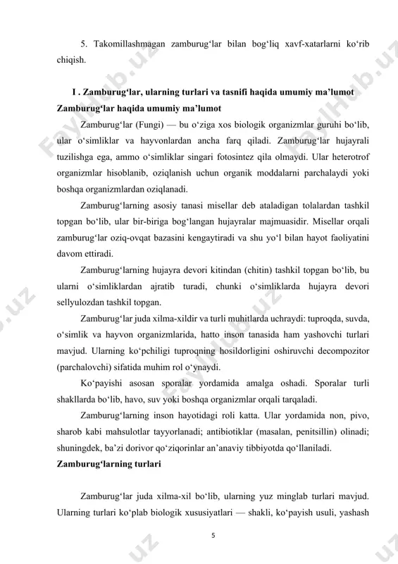 i. ko‘plab qo‘ziqorinlar oziq-ovqat sifatida iste’mol qilinadi, ba’zilari esa zaharli bo‘lishi mumkin. 3. askomysetslar (ascomycetes) askomysetslar — bu eng katta zamburugʻlar guruhi bo‘lib, ular o‘z sporalari — askosporalari askus deb ataladigan maxsus hujayralarda hosil bo‘ladi. ushbu guruhda mikroorganizmlar (masalan, penicillium, aspergillus) va makroskopik qo‘ziqorinlar mavjud. penitsillin antibiotigi ushbu guruh zamburugʻlaridan olinadi. askomysetslar ham o‘ta xilma-xildir va ko‘plab sanoat va tibbiyotda ahamiyatga ega. 4. zygomycetes zygomycetes odatda tuproqda, chirigan o‘simlik qoldiqlarida yashaydi. ular jinsiy ko‘payishda zigosporalar hosil qiladi. bu guruhga kiruvchi zamburugʻlar o‘zining tez o‘sishi bilan ajralib turadi. ba’zi zygomycetes turlari o‘simliklar uchun parazit bo‘lishi mumkin. masalan, rhizopus zamburugʻi non chirishiga sababchi bo‘ladi. 5. deuteromycetes (anamorf zamburugʻlar) bu guruhga jinsiy ko‘payish bosqichi aniqlanmagan yoki mavjud bo‘lmagan zamburugʻlar kiradi. deuteromycetes zamburugʻlar asosan jinsiy ko‘paymasdan, konidiyalar (jinsiy bo‘lmagan sporalar) yordamida ko‘payadi. ular ko‘plab kasalliklarni keltirib chiqaruvchi patogenlar hisoblanadi va ba’zi turlari antibiotik ishlab chiqarishda ishlatiladi. 6. likenlar (lichenes) likenlar — bu zamburugʻlar bilan …