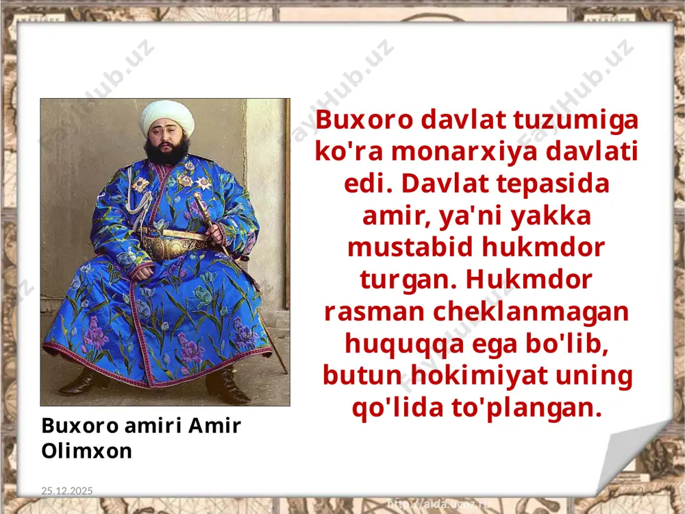 archa boshqaruv idoralan unga bo'ysunar edi. 24.06.2020 9 bir so'z bilan aytganda, barcha ijroiya hokimiyat qo'shbegining qo'lida edi. viloyat va tuman hokimlari ham qo'shbegi tavsiyasiga binoan tayinlanar edi. qo'shbegi xon arkida yashagan. devonbegi -xonlikning moliya-xazina ishlarini boshqargan. soliqlar undirilishi ustidan nazorat olib borgan. u ark etagida yashagan. 24.06.2020 10 mushrif -amaldorlar xonga in'om etgan buyumlarni hamda harbiy anjomlarni ro'yxatga olgan. soliq tushumlarini yozib borgan. ko'kaldosh -butun amirlik hududida do'stona yoki dusnmanhk munosabatida bo'luvchilar haqida ma'lumotni to'plagan. devonbegi 24.06.2020 11 dodxoh -fuqarolarning arz va shikoyatlarini tinglovchi va hal etuvchi amaldor bo'lgan. inoq -vazifasi amir farmoyishlarini beklardan boshqa tabaqaga yetkazishdan iborat bo'lgan. miroxur -amir otxonasining boshlig'i bo'lgan. dodxoh dasturxonchi -amir huzurida uyushtiriladigan ziyofatlar uchun mas'ul amaldor. kitobdor -amir kutubxonasi boshlig'i. to'qsabo -harbiy qism sarkardasi. 24.06.2020 12 mirshab -tungi shahar soqchilari boshlig'i vazifasini bajargan. mirshab parvonachi -biror-bir shaxs biror lavozimga tayinlanganida yorliqni o'sha shaxsga yetkazuvchi amaldor. 24.06.2020 13 shayxulislom - musulmon jamoasi boshlig'i; …