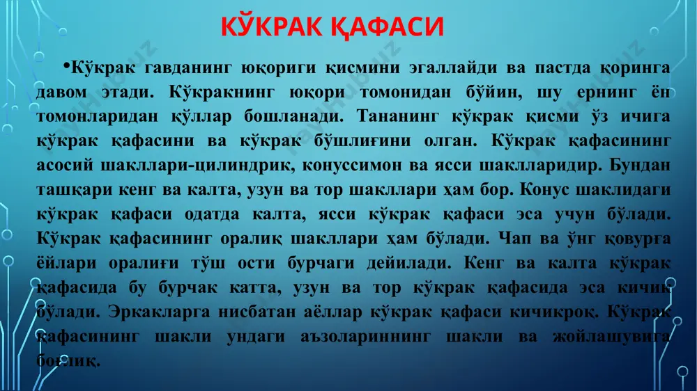 (i-vii) агар тоғай қисмлари ўзаро бирикиб, умумий тоғайни ҳосил қилиб тўшга ёпишса ёлғон қовурғалар, costae spuriae (viii-x) агар уларнинг олдинги учлари эркин ҳолда мускуллар орасида қолса тебранувчи (етим) қовурғалар, costae fluctuantes (xi-xii) дейилади. 9 типик қовурғаларнинг (3-9) қисмлари қовурғалар биринчи қовурға биринчи қовурға бошқа қовурғаларда унинг юқори юзасида нарвонсимон мушак дўмбоғи (tuberculum musculi scaleni anterioris) борлиги билан фарқ қилади. дўмбоқ олдида ўмров ости вена эгати sulcus venae subclaviae, дўмбоқ орқасида эса ўмров ости артерия эгати –sulcus arteriae subclaviae бўлади. иккинчи қовурға тўш суяги тўш суяги, sternum узун ясси кўмик суякдир. тўш суяги кўкрак қафасининг олдинги деворини ҳосил қилишда иштирок этади. унинг дастаси, manubrium sterni танаси corpus sterni ва ханжарсимон ўсиғи processus xyphoideus фарқ қилинади. дастасининг устки четида бўйинтуруқ кемтиги, incisura jugularis, ўмров суяги кемтиги, incisura clavicularis ва i қовурға кемтиги, incisura costalis – i лар бор. тўшнинг ён қирраларида 2 та ярим, 4 та тўлиқ қовурға кемтиклари, incisura costales лар …